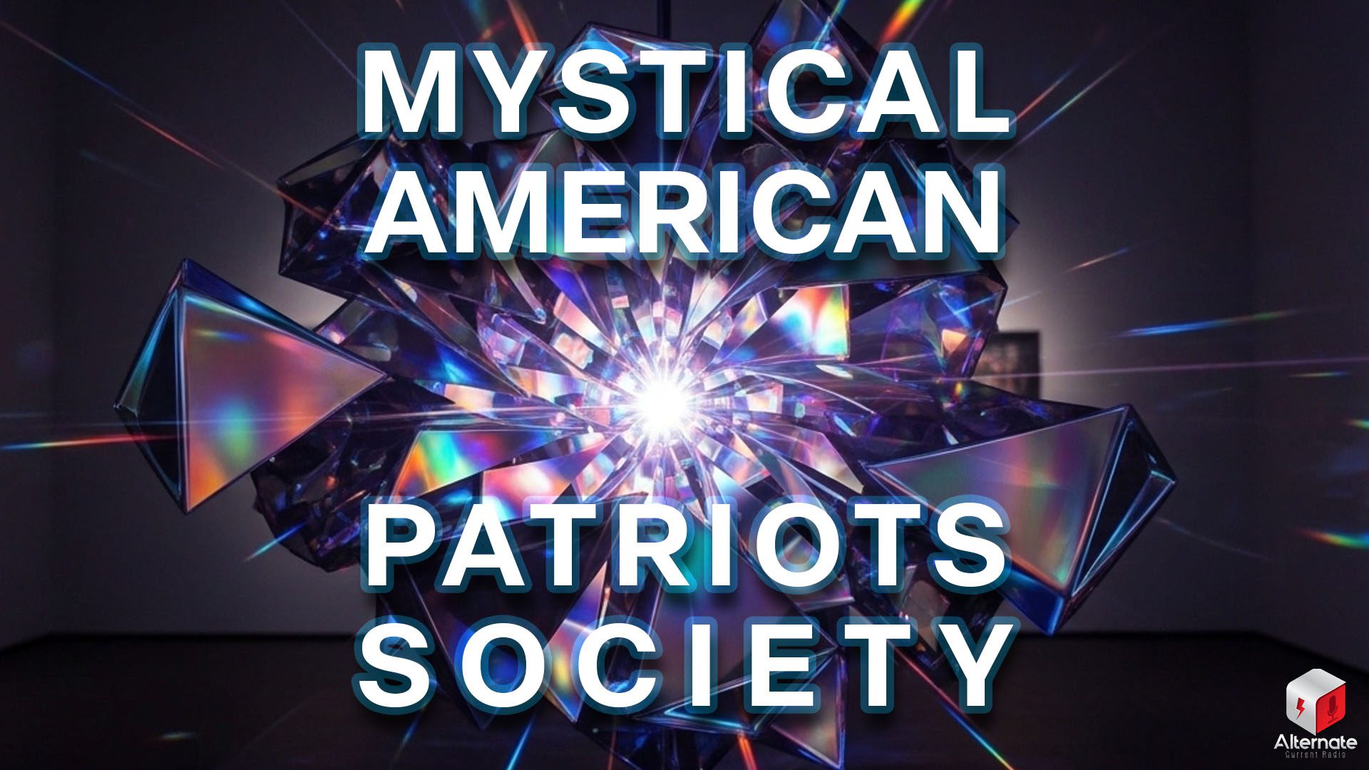 Reflective Nexus A radiant geometric sculpture made of interconnected triangular pyramids glows from within, casting prismatic light through its reflective surfaces against a dark background.