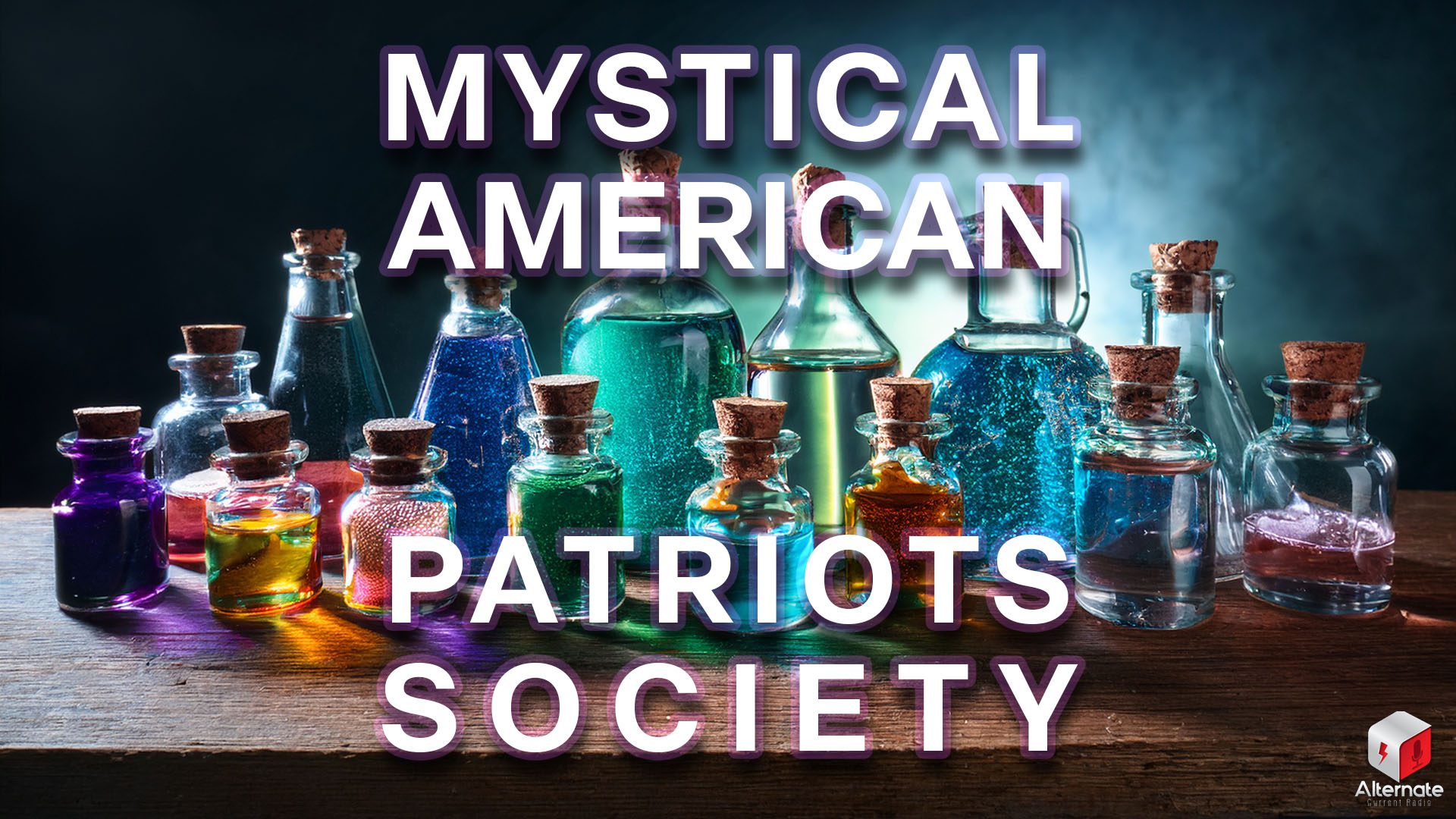 A collection of glass vials filled with colorful, shimmering liquids sits on a wooden surface, each sealed with a cork and glowing softly against a dark, misty backdrop, evoking a magical apothecary or alchemist’s bench.