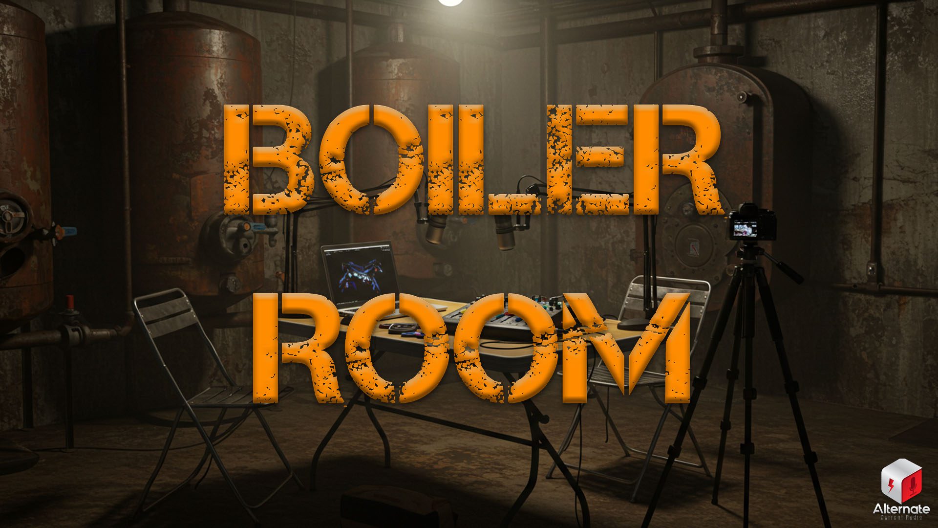 A dark dank podcasting bunker with a Boiler Room logo atop