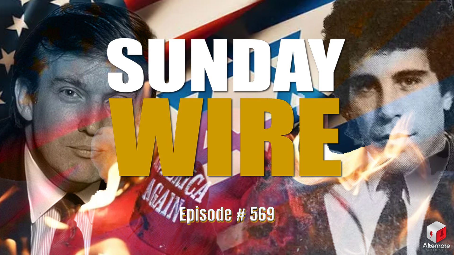 Sunday Wire logo atop a collage of Trump, Epstein, US Flag and Israel Flag
