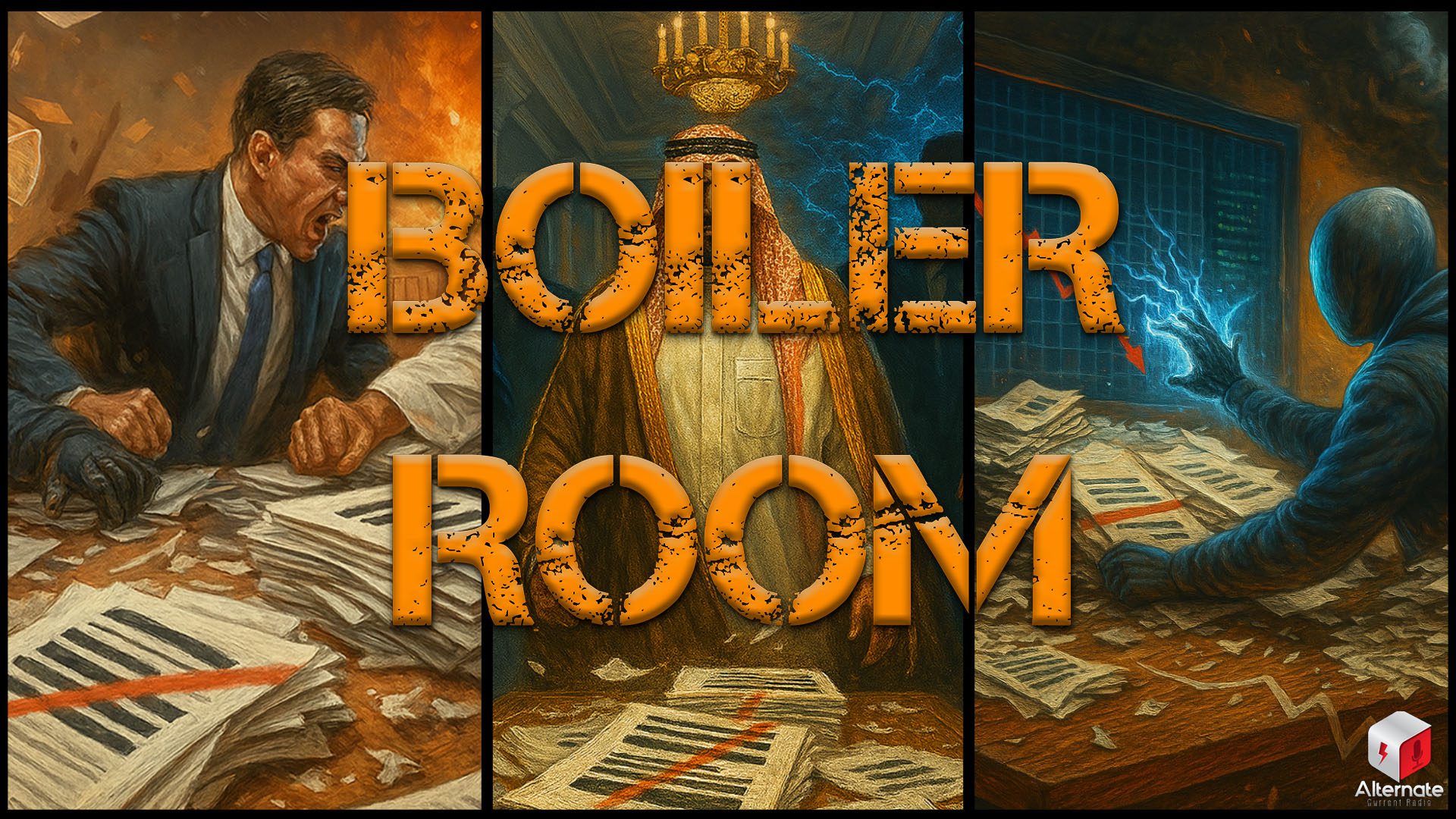 Boiler Room logo atop an image of the clash between businessman, theologian and technocrat
