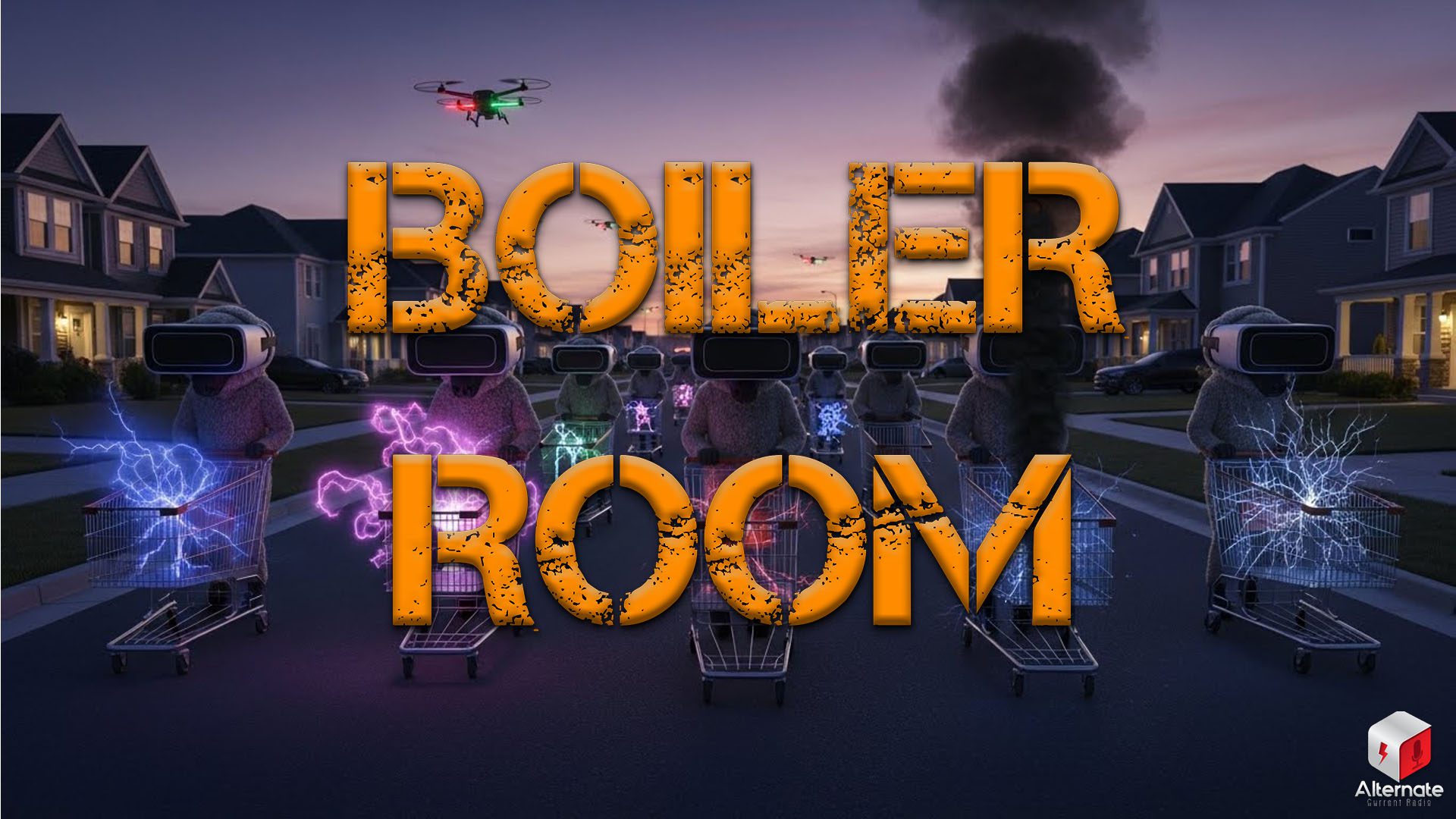 Boiler Room logo atop a street full of TV-headed people with shopping carts