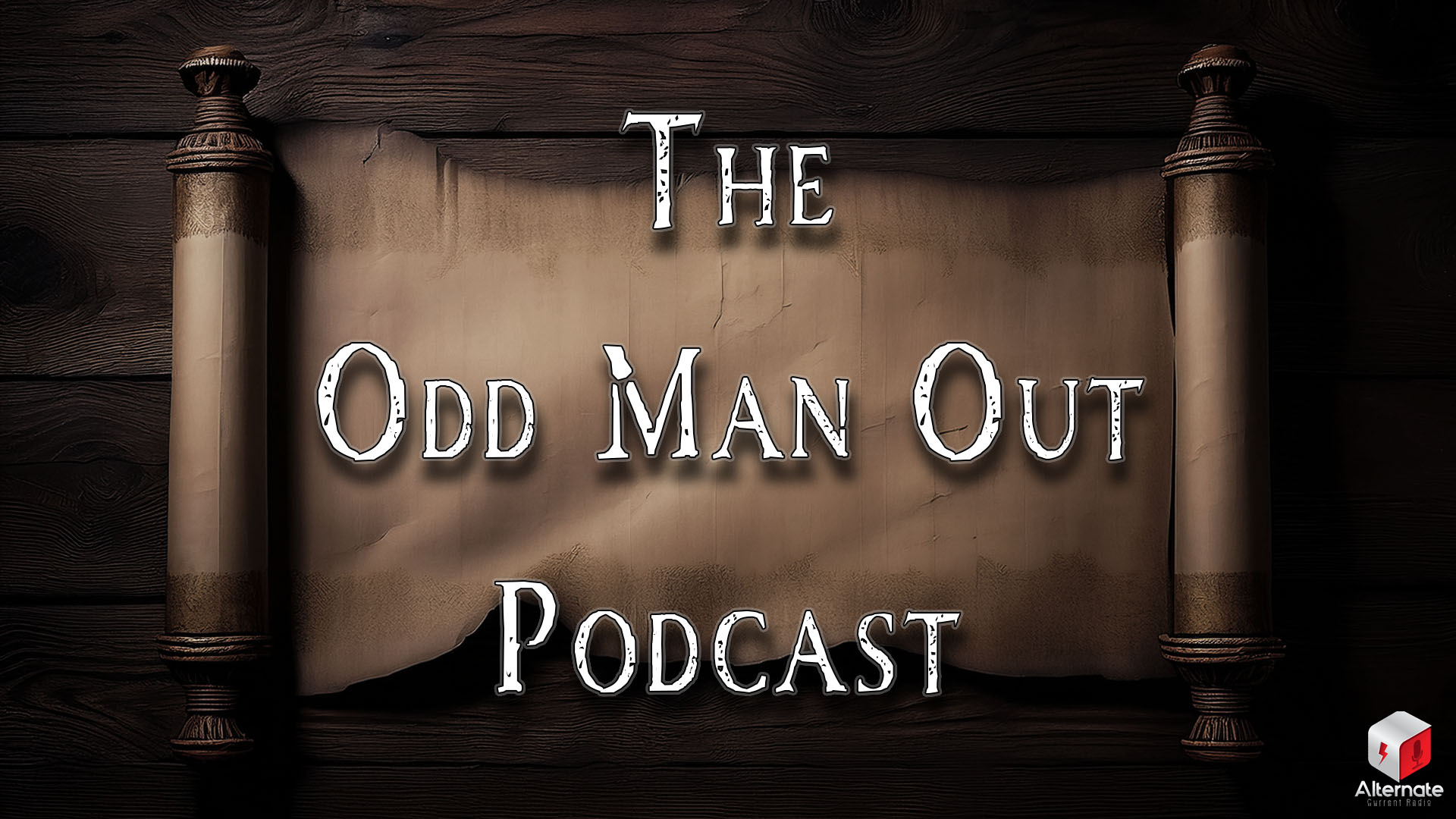 An aged parchment scroll with ornate wooden rollers lies open on a dark wooden surface. The scroll is blank but visibly torn and weathered, with creases and discoloration.