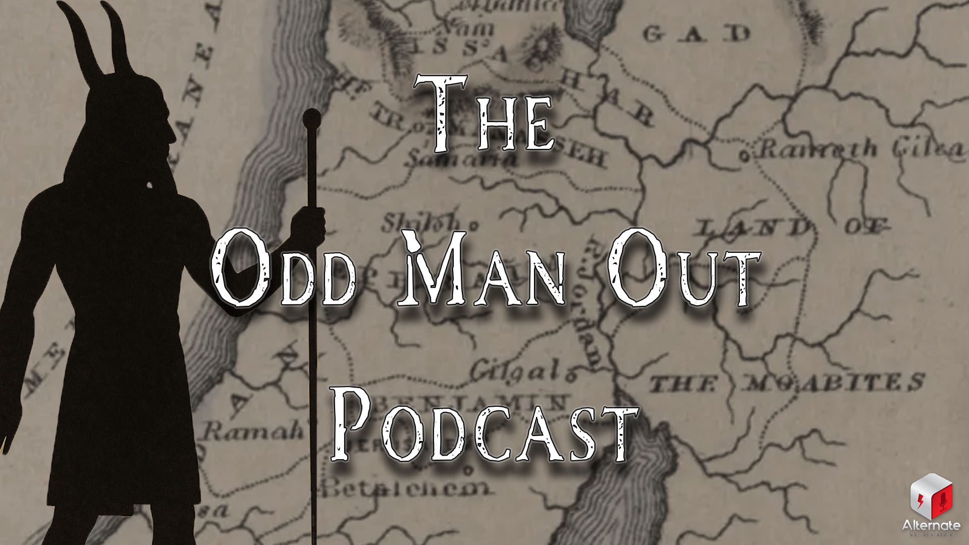 A historical map of ancient tribal territories including Ephraim, Benjamin, and the Moabites is overlaid with the silhouette of a horned figure holding a staff.