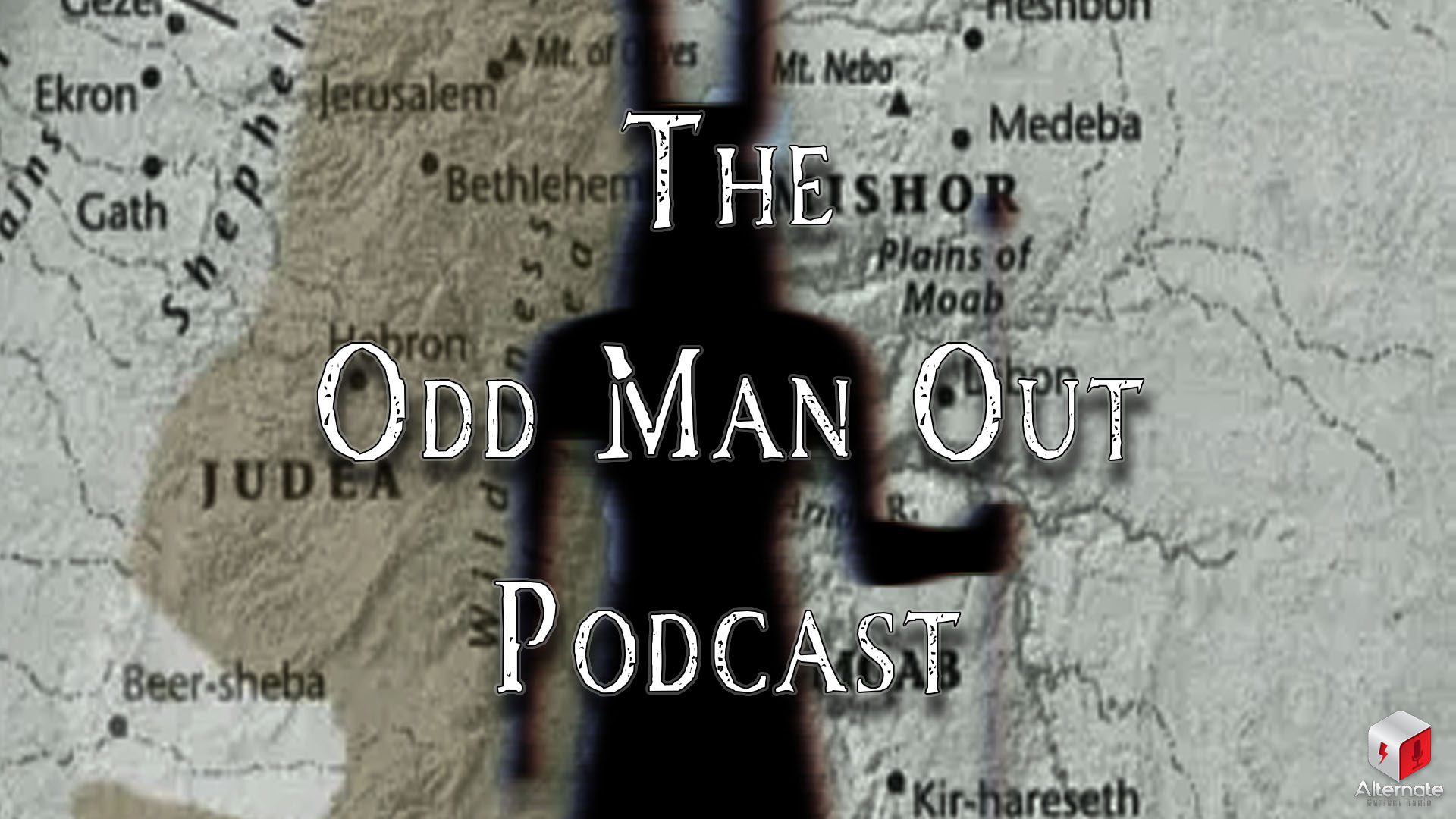 Dominion of the Veiled A historical map of ancient regions including Judea, Moab, and Mishor is overlaid with the silhouette of a humanoid figure with an elongated headpiece or horns, standing with one arm raised.