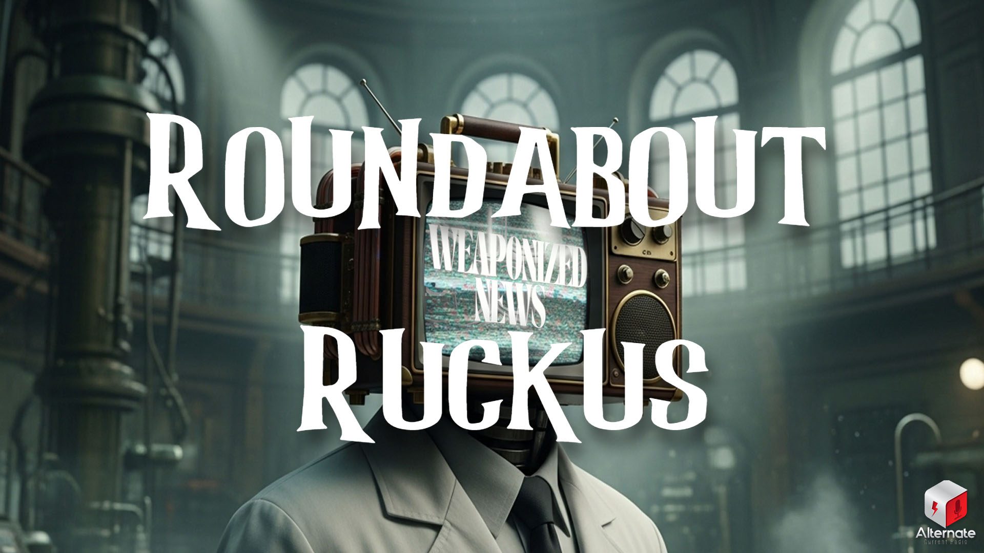 A humanoid figure in a white lab coat with a vintage television for a head stands in a shadowy, retro-futuristic laboratory filled with pipes, glassware, and tall arched windows.