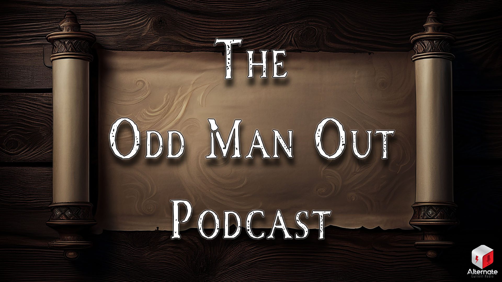 An aged parchment scroll with ornate wooden rollers lies open on a dark wooden surface. The scroll is bereft of text, but there are faintly visible subtle decorative etchings.