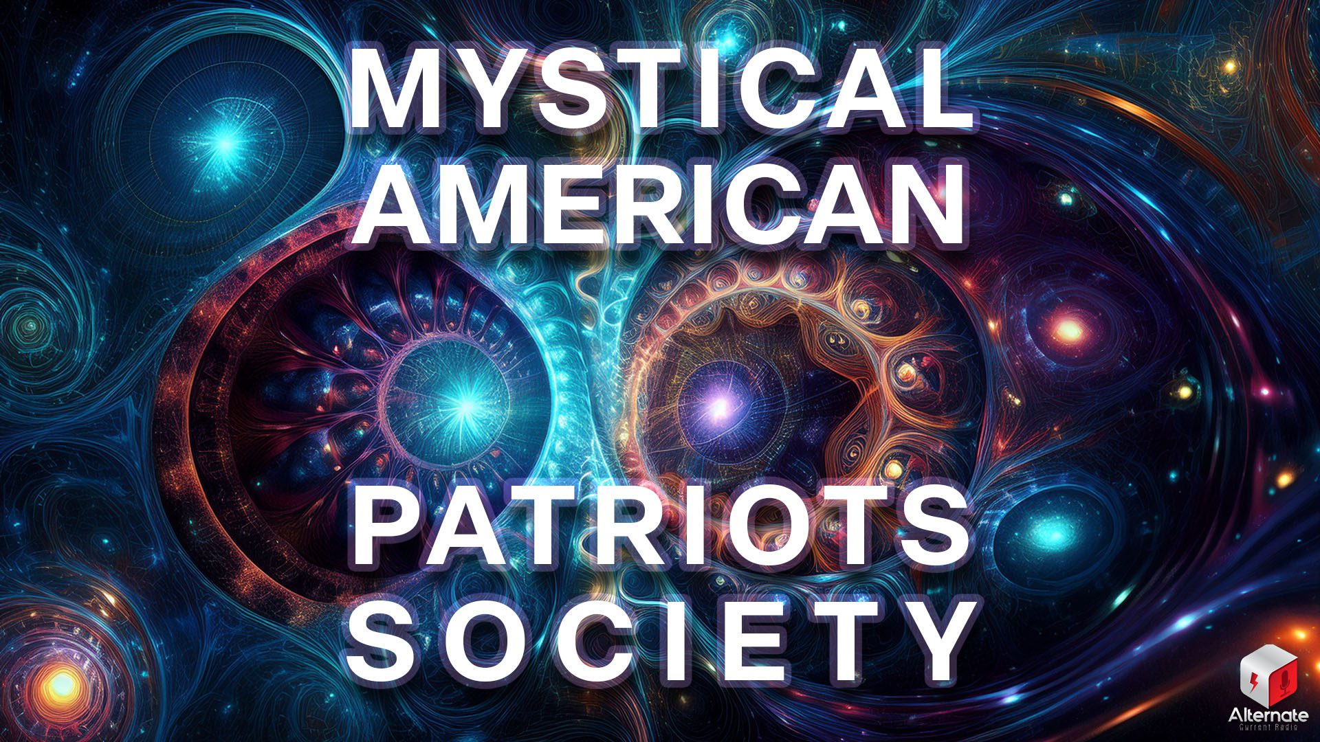 Symmetrical digital artwork featuring two radiant, eye-like vortexes—one glowing blue, the other purple-orange—surrounded by swirling patterns and star-like orbs.