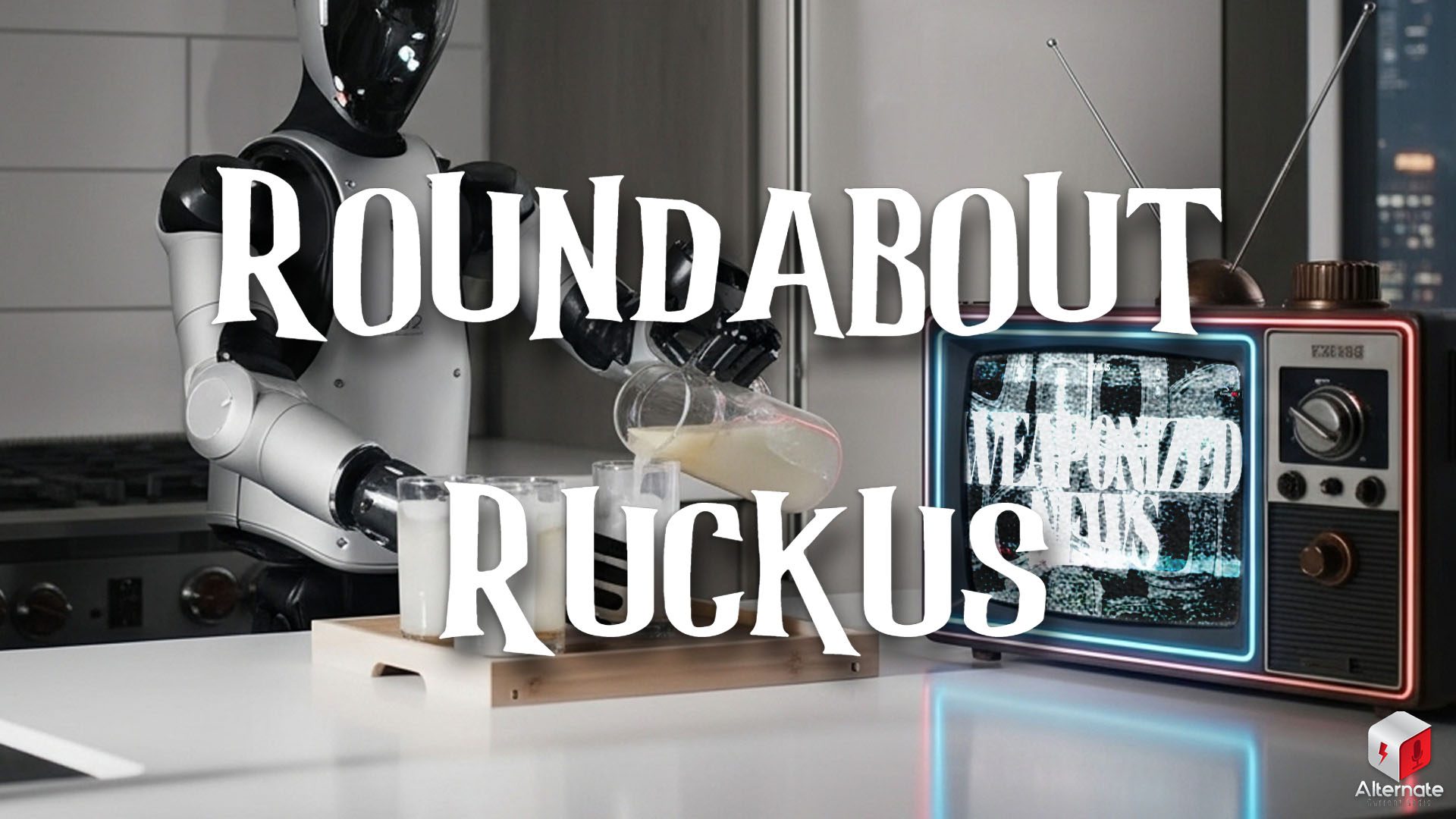 A humanoid robot pours milk into a glass in a modern kitchen, while a retro television displaying static glows nearby.