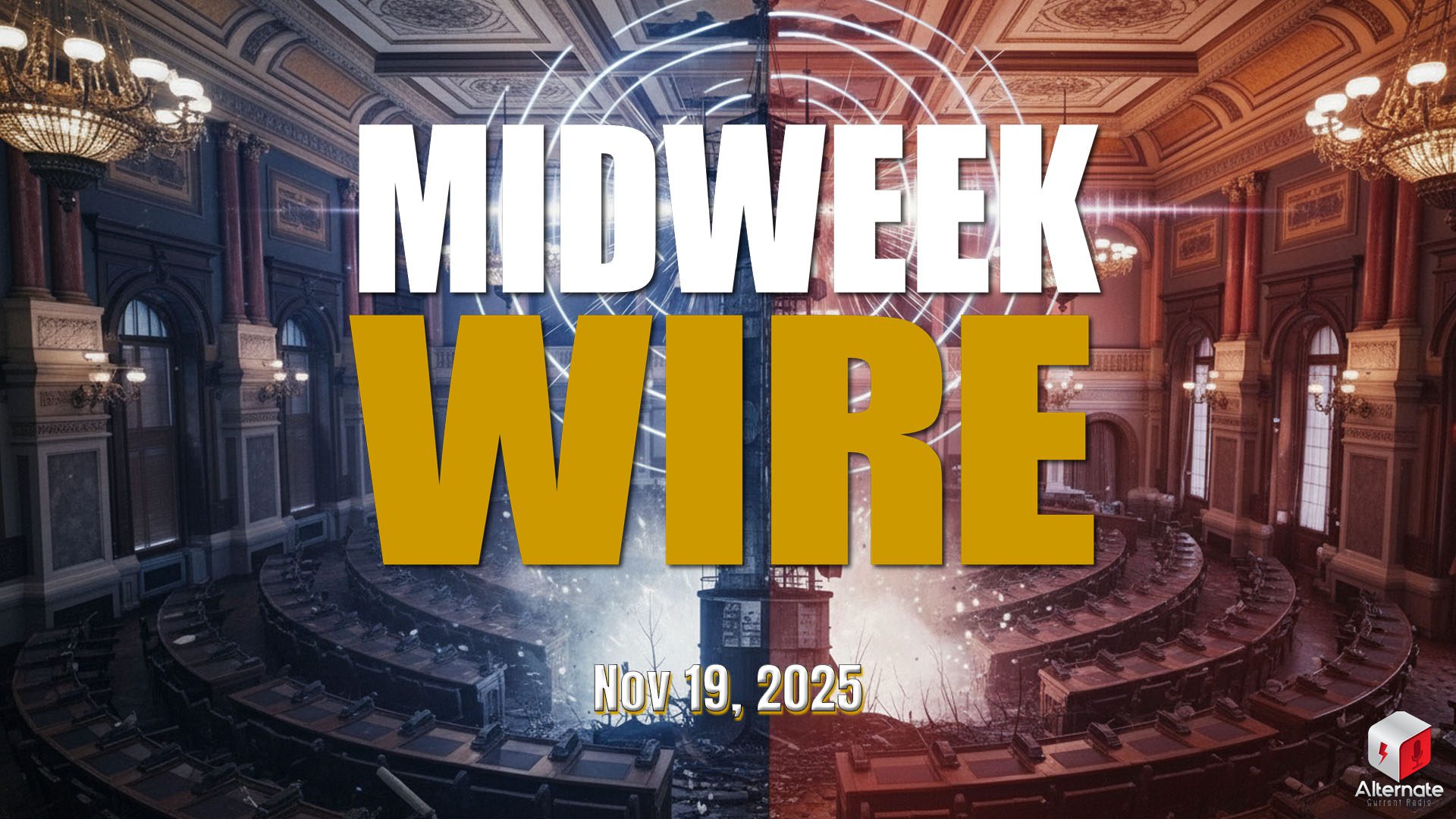 A parliamentary chamber is split in half by a radio tower violently erupting from the floor. One half of the image is overlaid in red, the other half in blue.