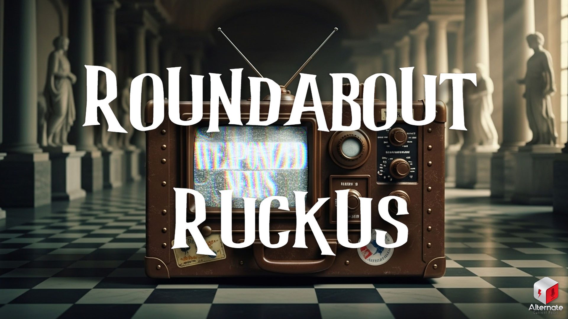 A vintage television with a suitcase-like casing and travel stickers sits in the center of a grand hall lined with marble columns and statues.