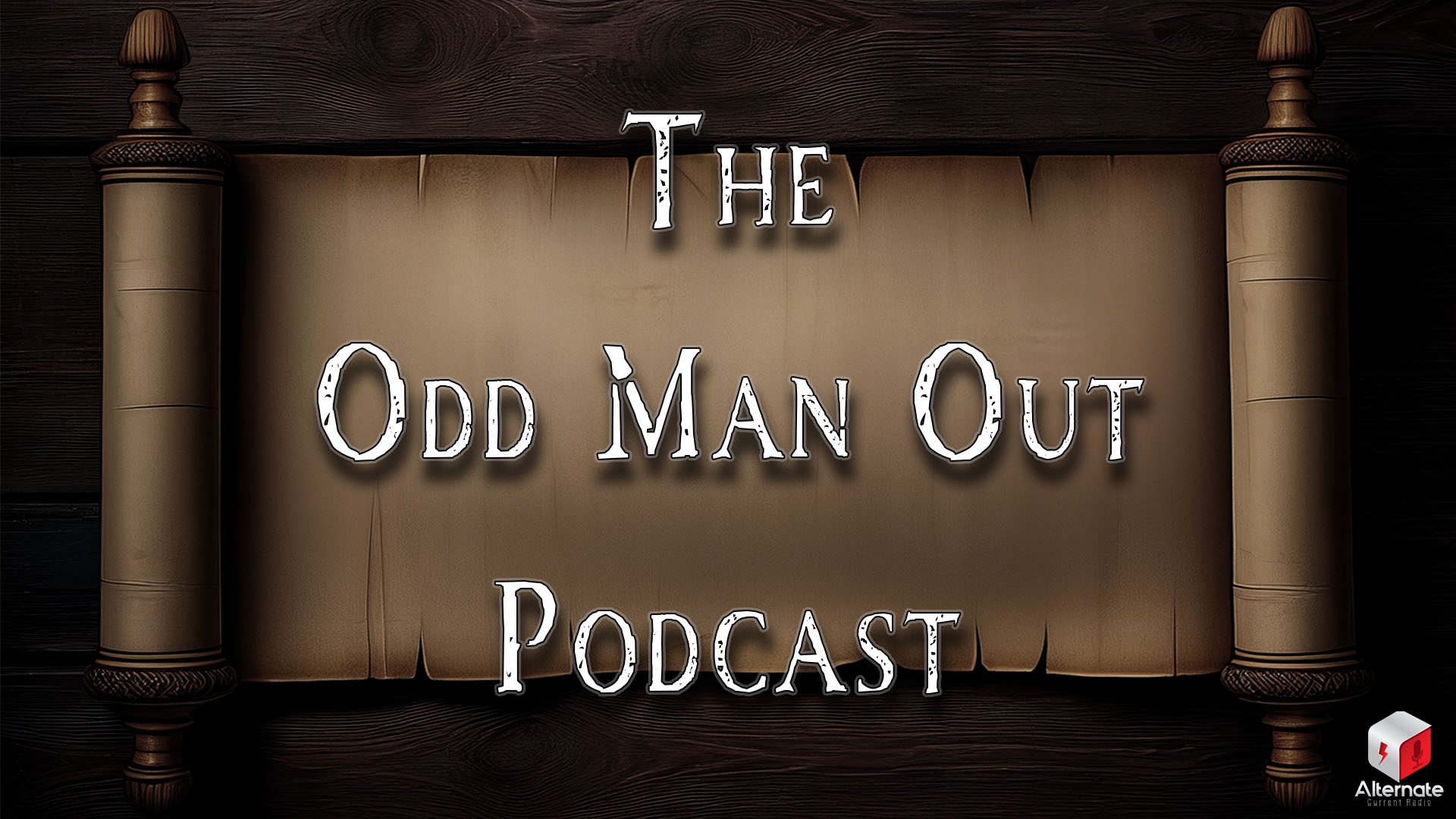 An aged parchment scroll with ornate wooden rollers lies open on a dark wooden surface.