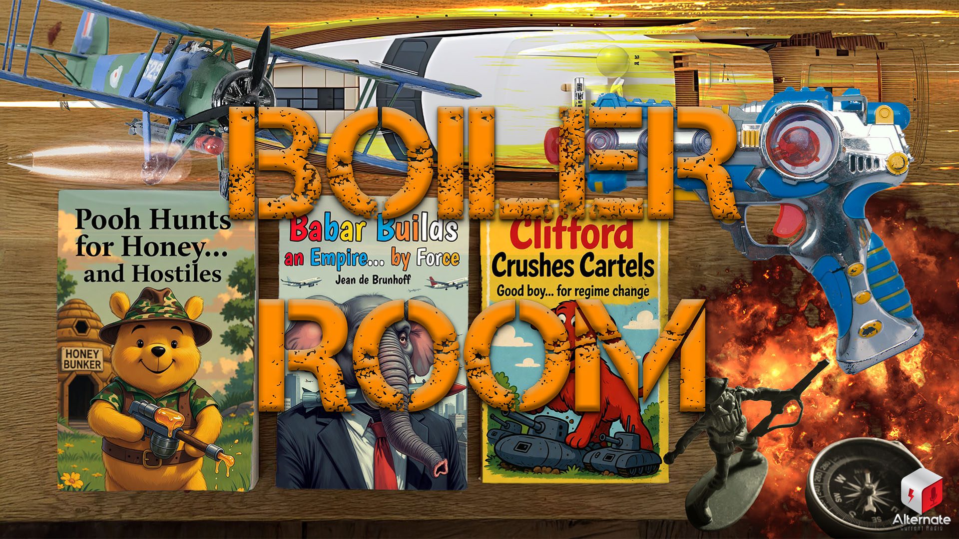 Boiler Room logo on top of image collage of the Franklin Memes and Clifford memes of late