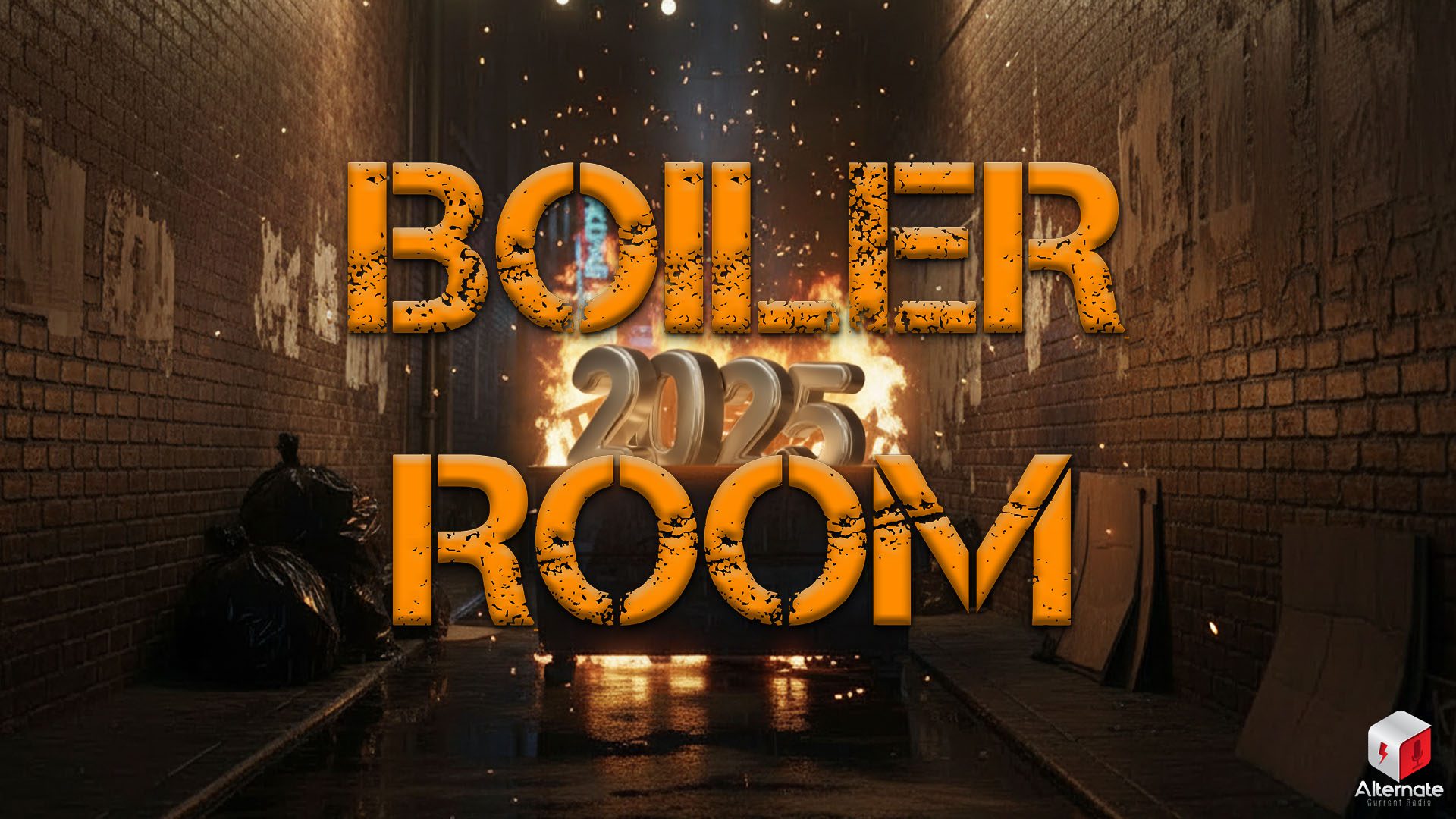 A dumpster fire in an alley with 2025 in the flames and Boiler Room logo atop