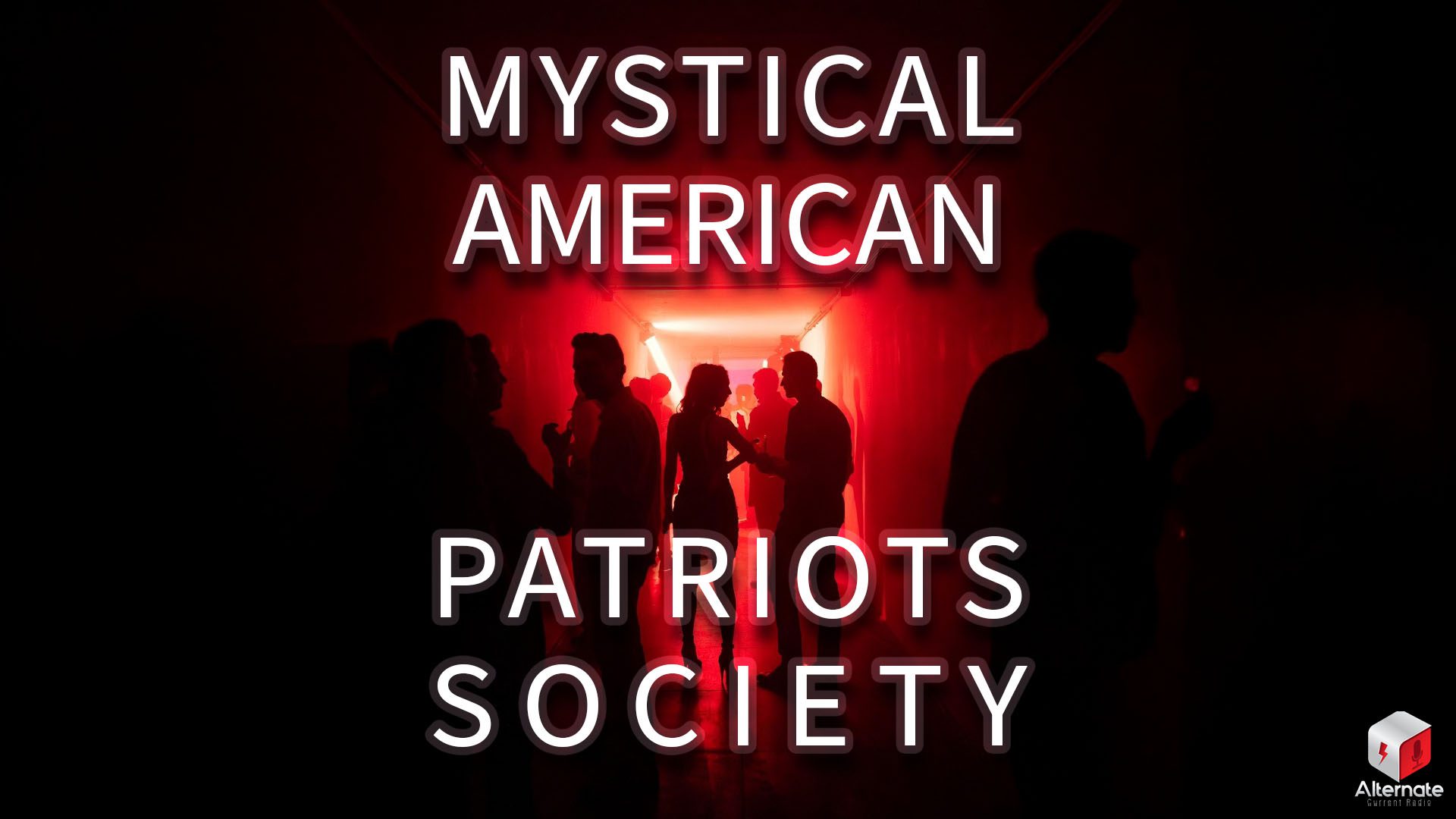 A dimly lit, narrow room bathed in deep red lighting, resembling a nightclub or underground party with silhouetted figures standing or moving through the space, their outlines highlighted by the red glow.