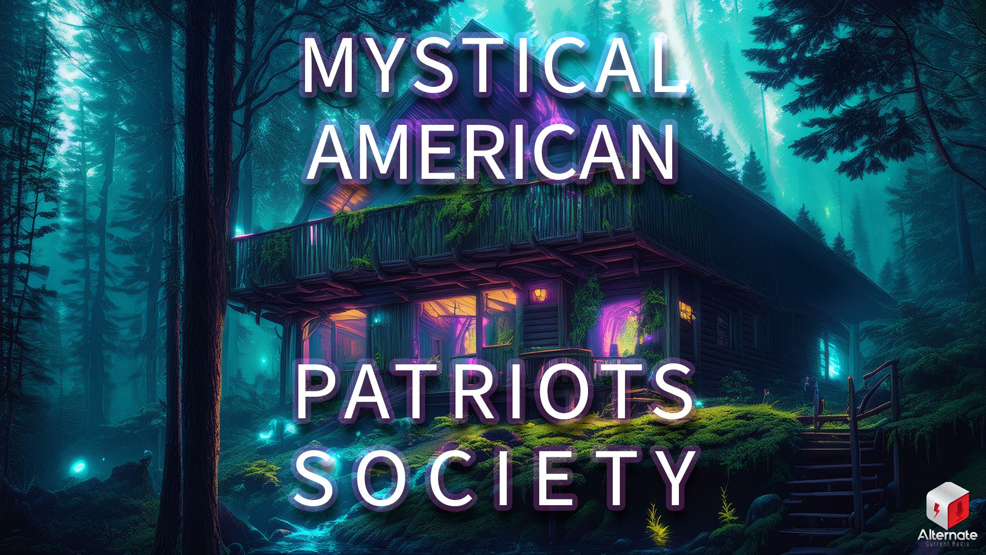 Hideaway A glowing wooden cabin sits deep in a blue and purple forest, surrounded by tall trees and vines.