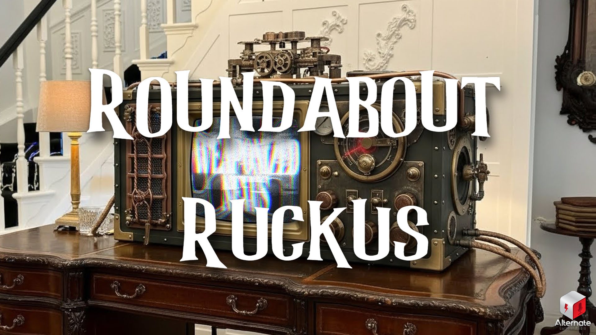 A retro- looking steampunk television with brass gears, copper tubes, and vintage dials sits on an ornate wooden desk, displaying static and a faint landscape. A table lamp glows beside it, and a white staircase with decorative railings rises in the background.