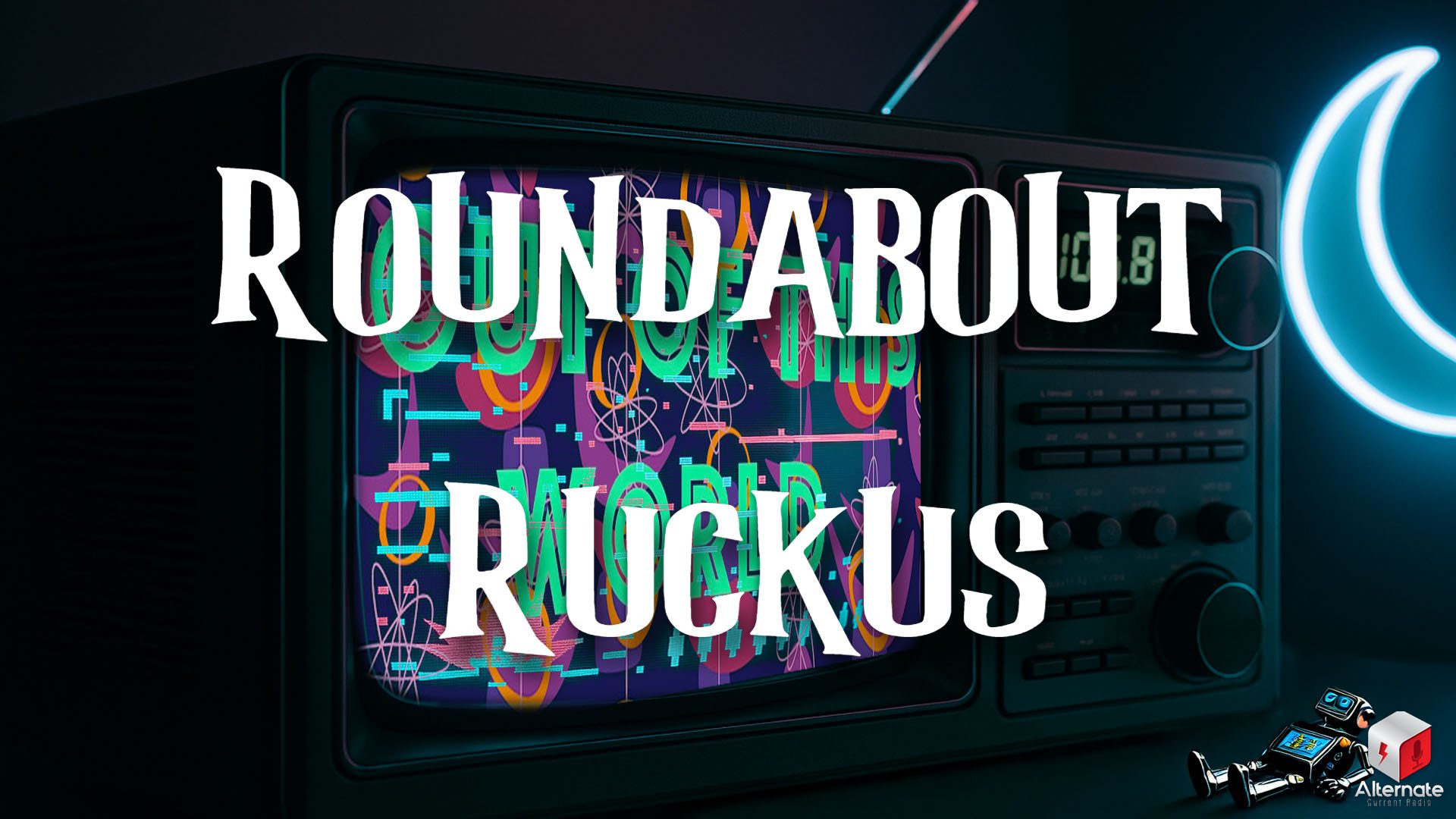 A retro television displays colorful abstract graphics in a dimly lit room. Beside it, a neon crescent moon glows above a small robot figure lying on its back.