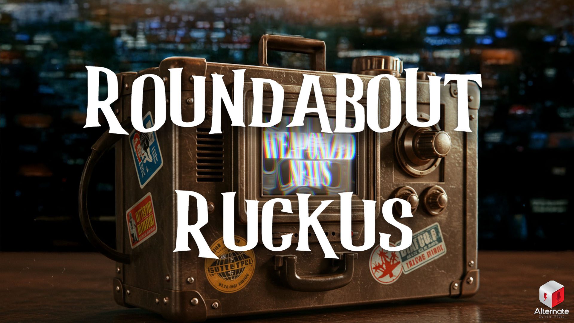 A device encased in a suitcase-like housing featuring a retro television screen, dials, and knobs sits on a hard wooden surface in a dimly lit setting.