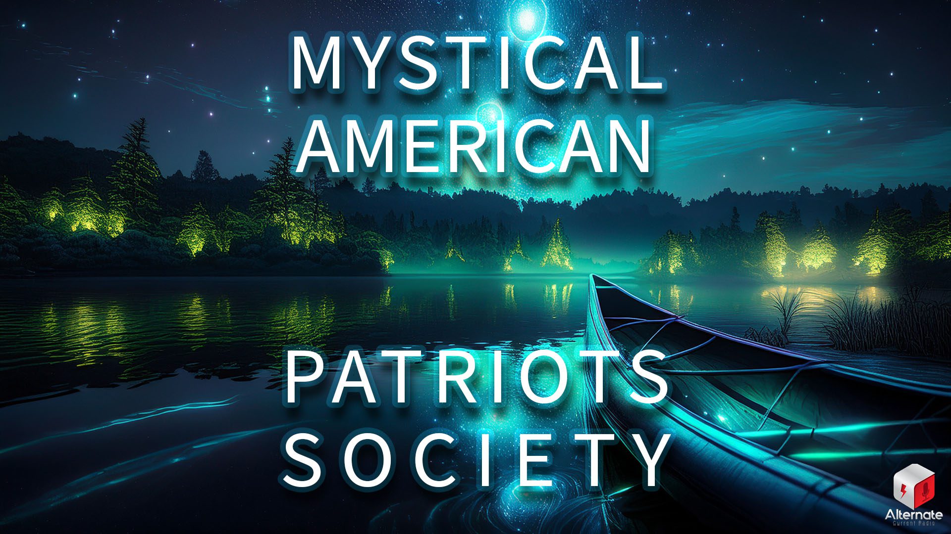 Mystic Waters A canoe rests on the edge of a calm lake at night, glowing with soft blue light. The water reflects the surrounding forest, which is illuminated in green.