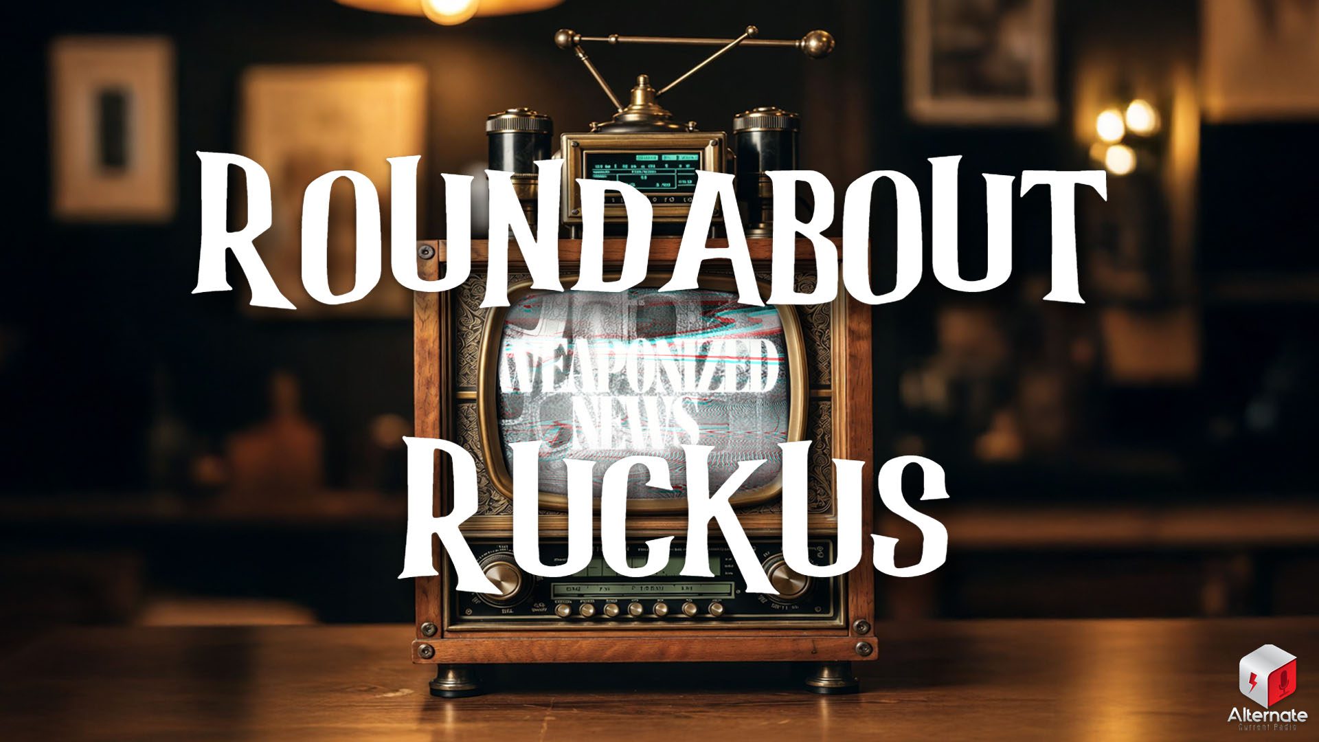 A vintage-looking wooden‑framed television with a steampunk aesthetic sits on a wooden surface in a warmly lit room. The screen shows a distorted, glitchy broadcast.