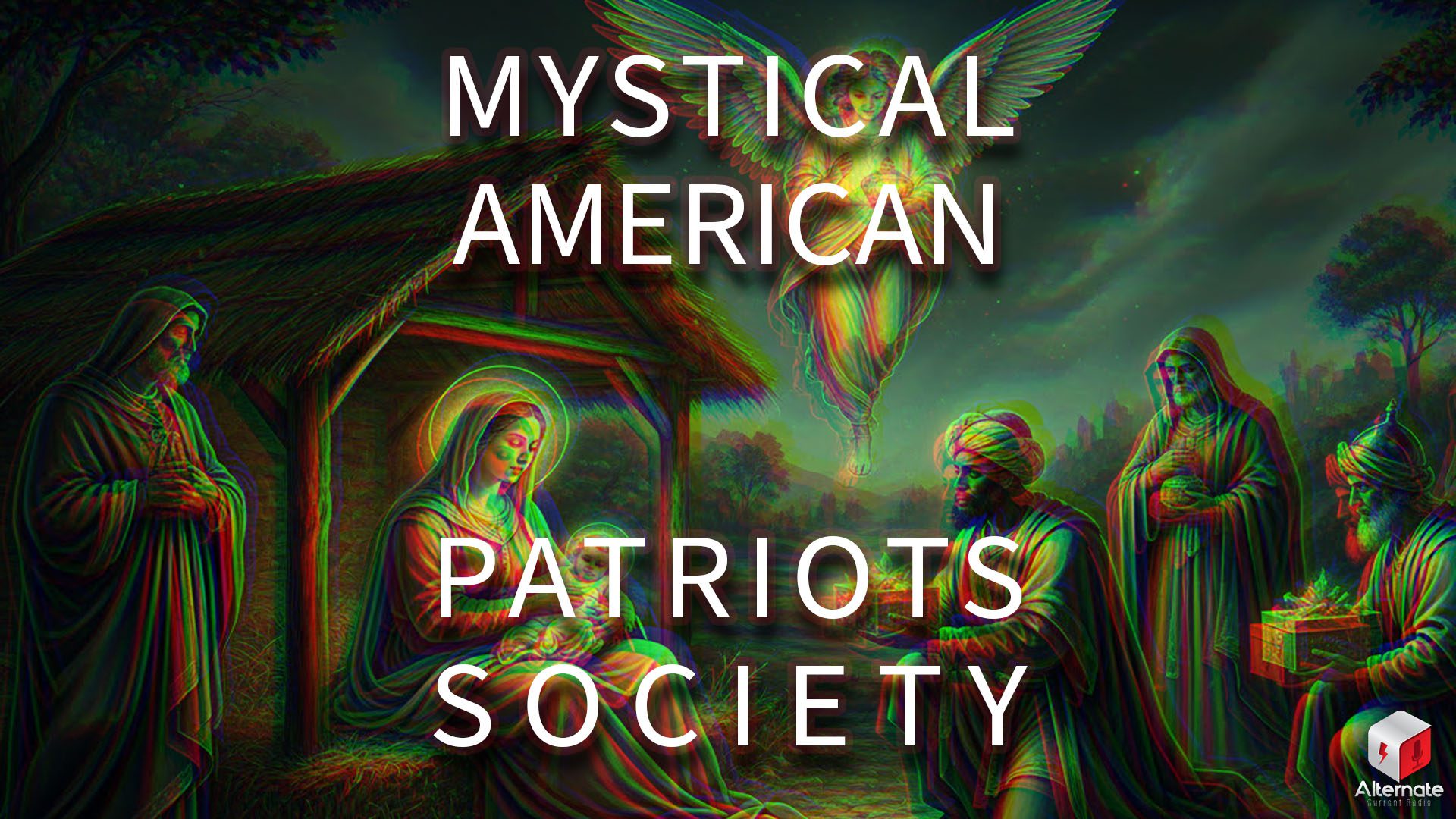 A glitch-stylized nativity scene rendered with chromatic distortion and surreal lighting. Mary holds the infant Jesus at the center, surrounded by Joseph, the Three Wise Men presenting gifts, and a glowing angel above.