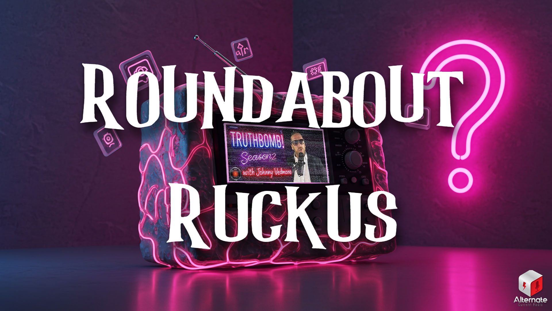 A retro television set glows with static, outlined in neon pink. Floating neon pink icons — a camera, gear, eye, and other symbols — surround the screen. A large neon pink question mark hovers beside the TV, set against a dark, gradient background of purples and blues.