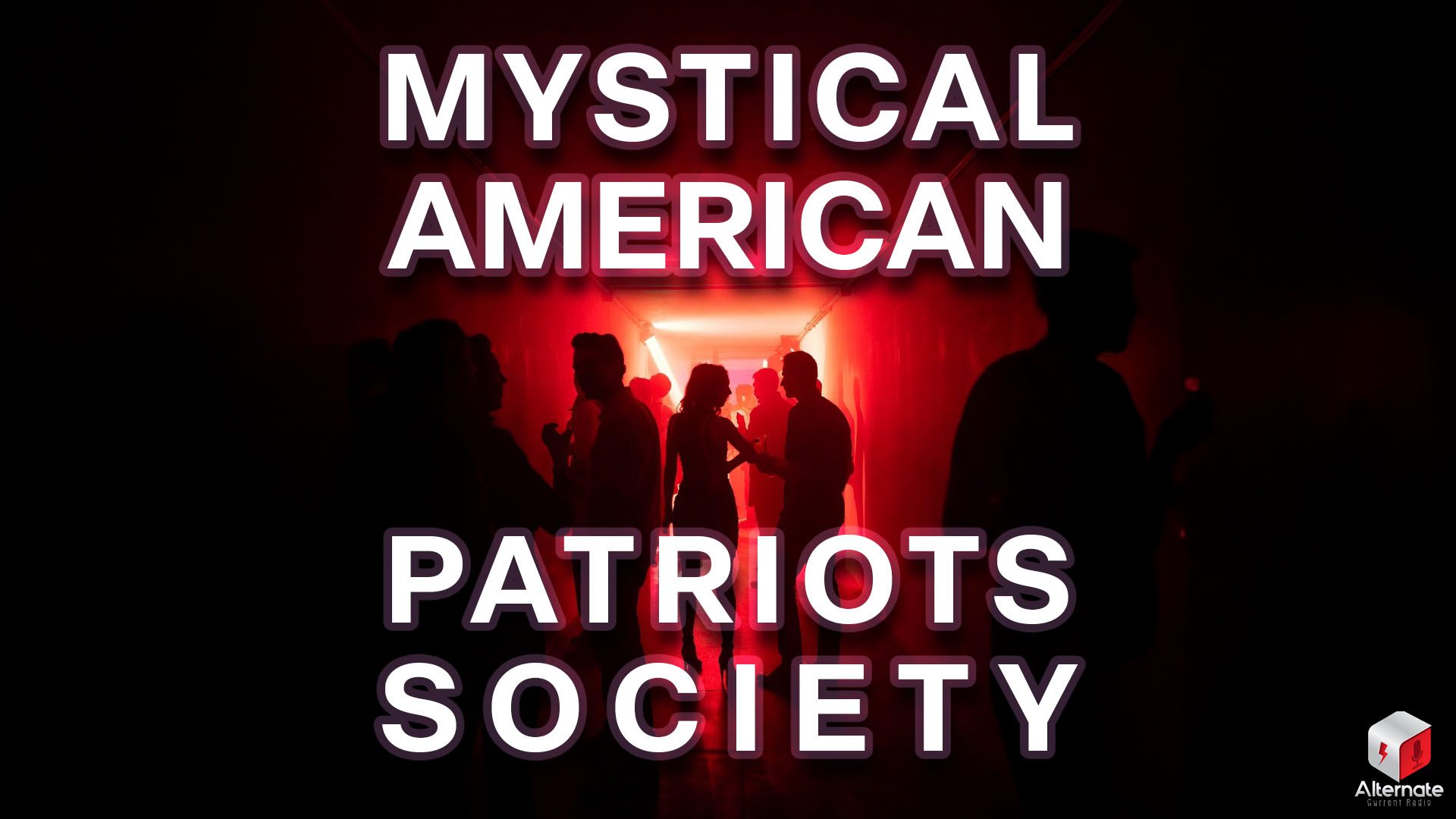 A dimly lit, narrow room bathed in deep red lighting, resembling a nightclub or underground party with silhouetted figures standing or moving through the space, their outlines highlighted by the red glow.