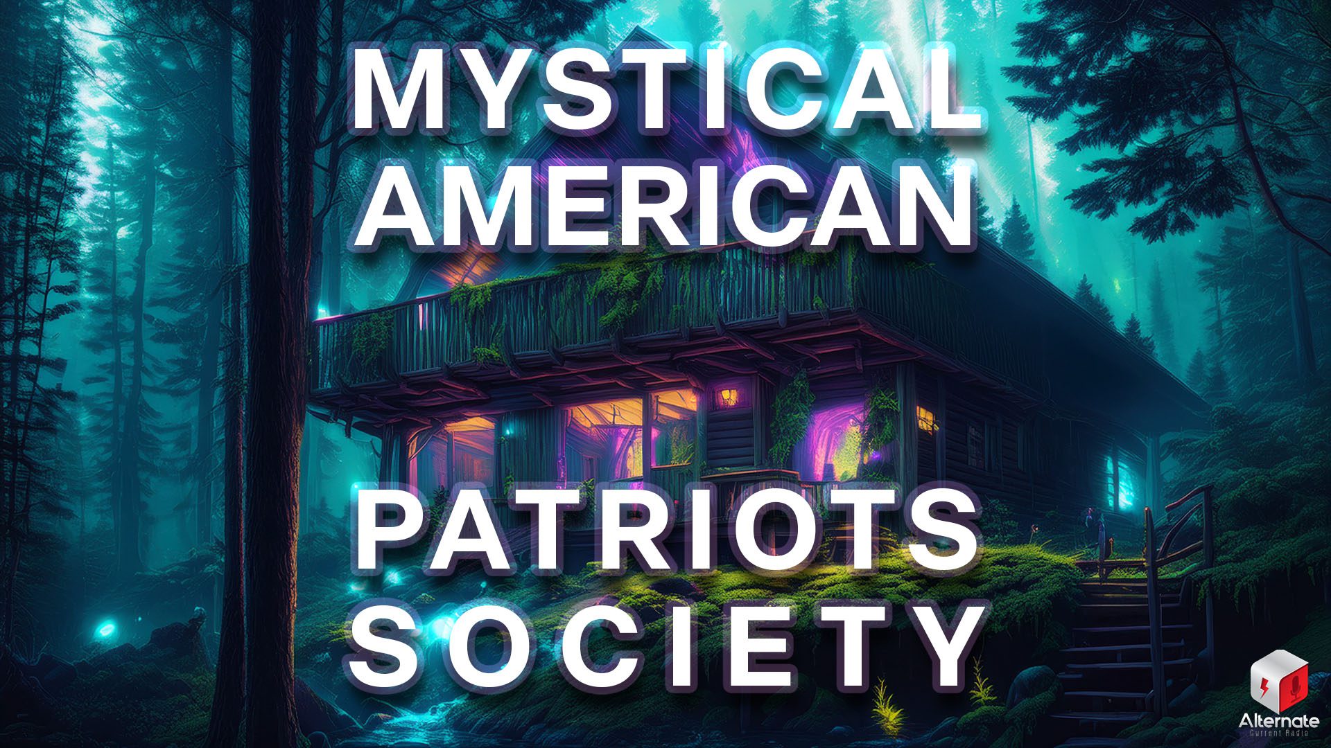 Hideaway A glowing wooden cabin sits deep in a blue and purple forest, surrounded by tall trees and vines.