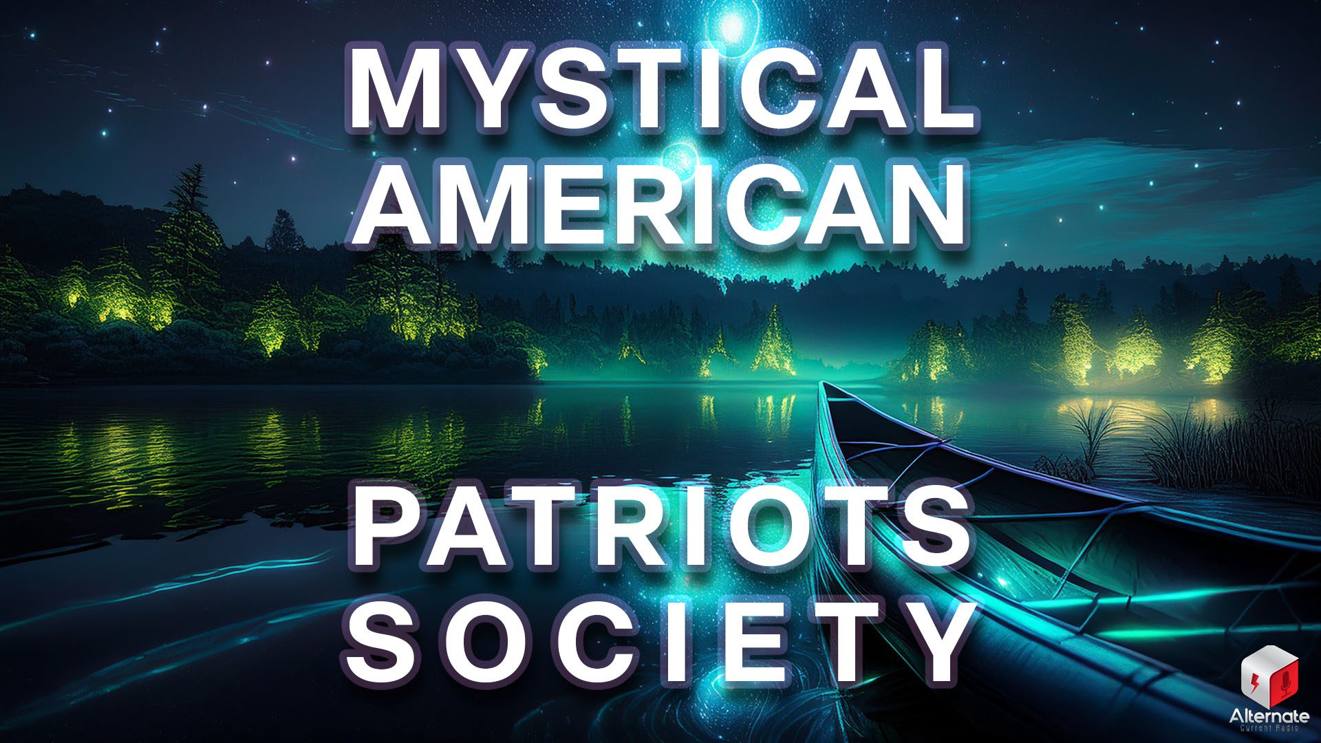 A canoe rests on the edge of a calm lake at night, glowing with soft blue light. The water reflects the surrounding forest, which is illuminated in green.