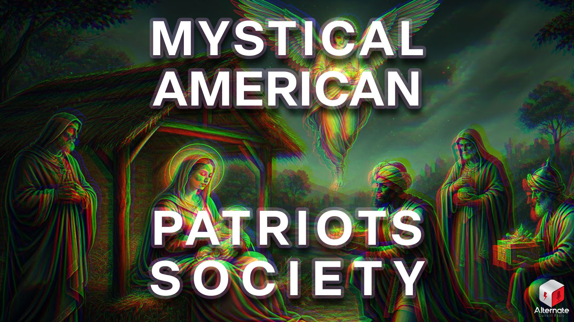 A glitch-stylized nativity scene rendered with chromatic distortion and surreal lighting. Mary holds the infant Jesus at the center, surrounded by Joseph, the Three Wise Men presenting gifts, and a glowing angel above.