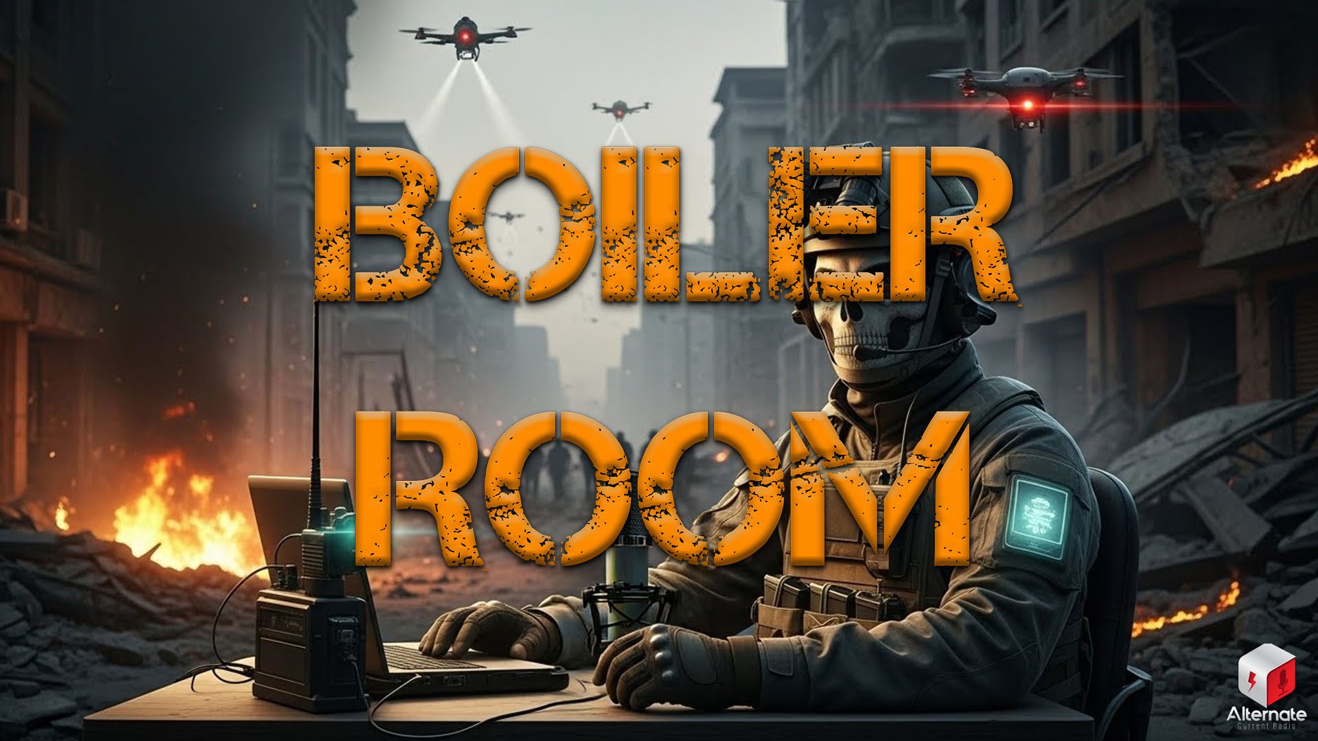 Soldier in an apocalyptic city, with Boiler Room logo atop