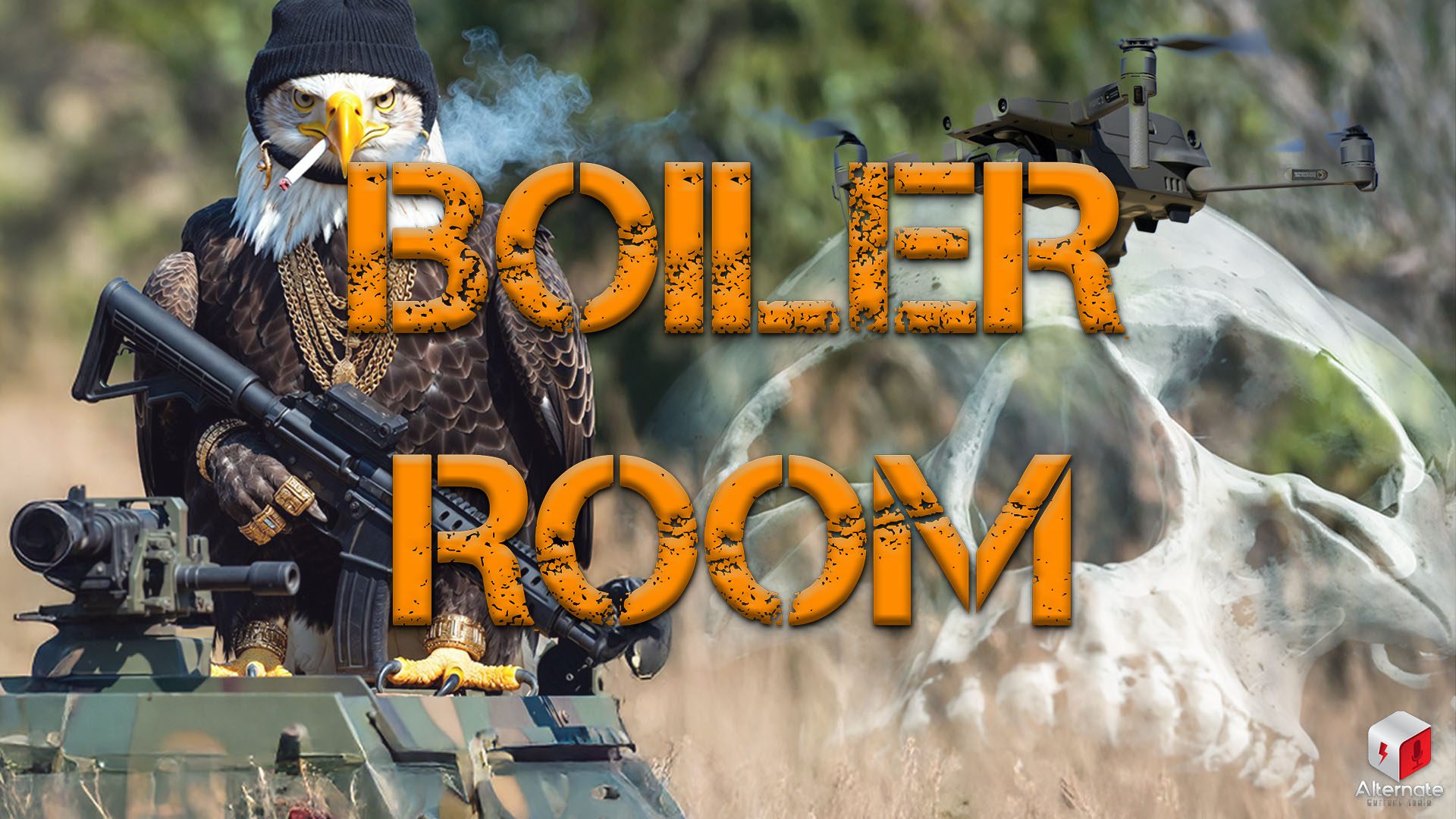 'Murica Thug Eagle' smoking on a battlefield with a skull blended in