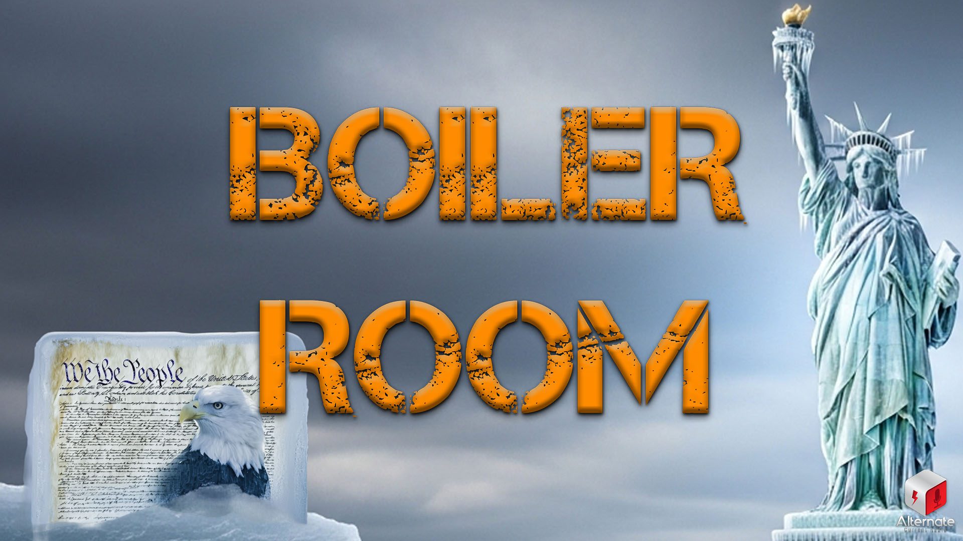 An iced over lady liberty and constitution. Boiler Room Logo atop