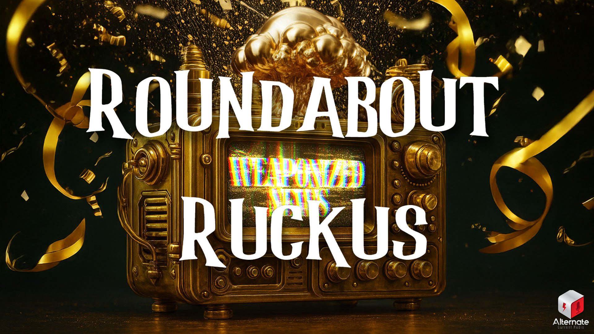 A stylized golden retro television set with intricate mechanical details and knobs. The screen displays static. Atop the TV, a golden sculpture of a mushroom cloud rises dramatically. Surrounding the device are golden ribbons and confetti.