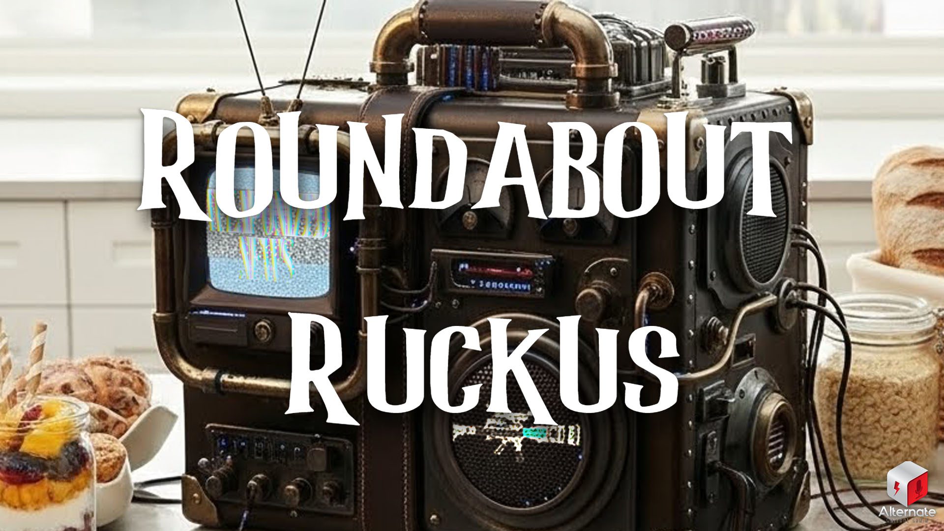 A steampunk-style television-radio hybrid device sits on a kitchen counter surrounded by food items.