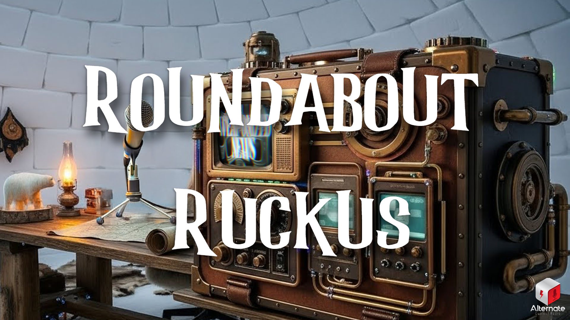 A steampunk-style broadcast machine sits in a room with igloo-like block walls. The device features a CRT screen, analog dials, copper piping, and leather accents. On the desk in front are a rolled-up map, a standing microphone, an oil lamp, and a polar bear figurine.