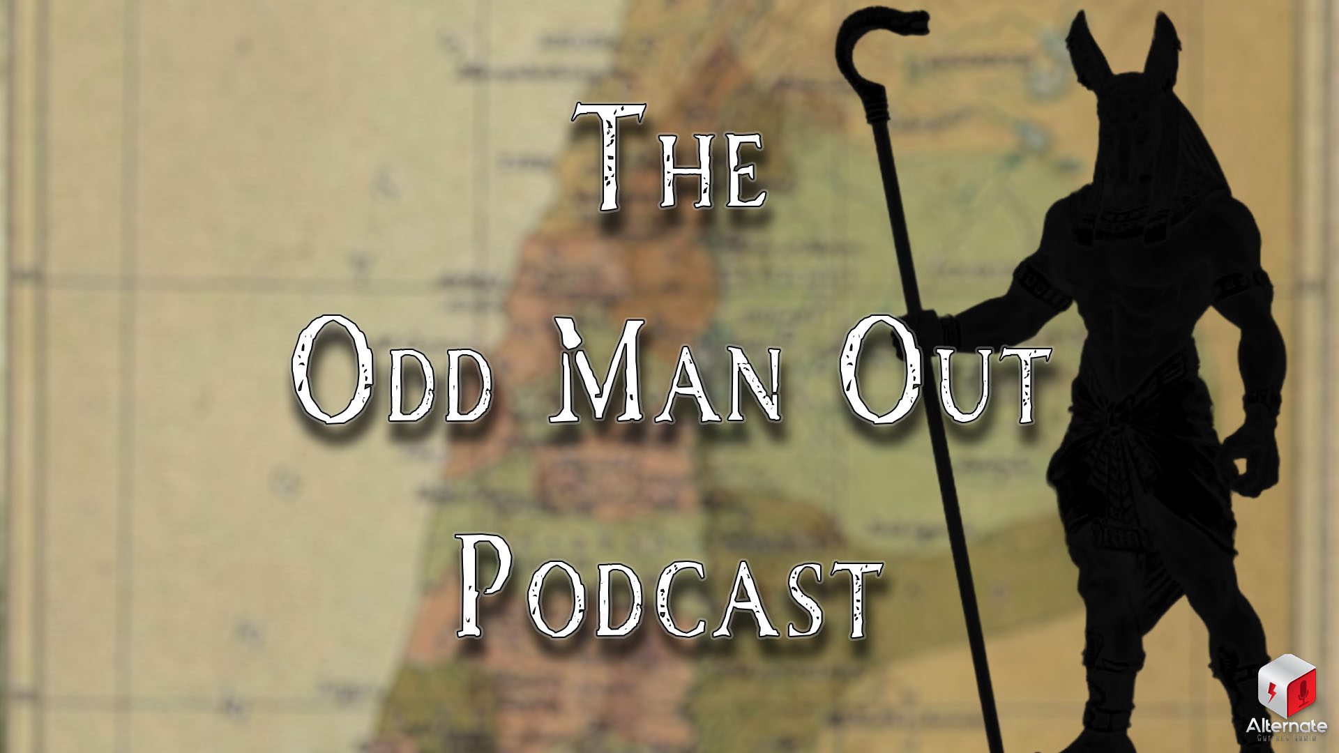 A silhouette of an Anubis-like figure with a jackal head and muscular human body stands holding a curved staff. Behind it, a blurred historical map of the Holy Lands near Canaan shows colored territories and handwritten script.