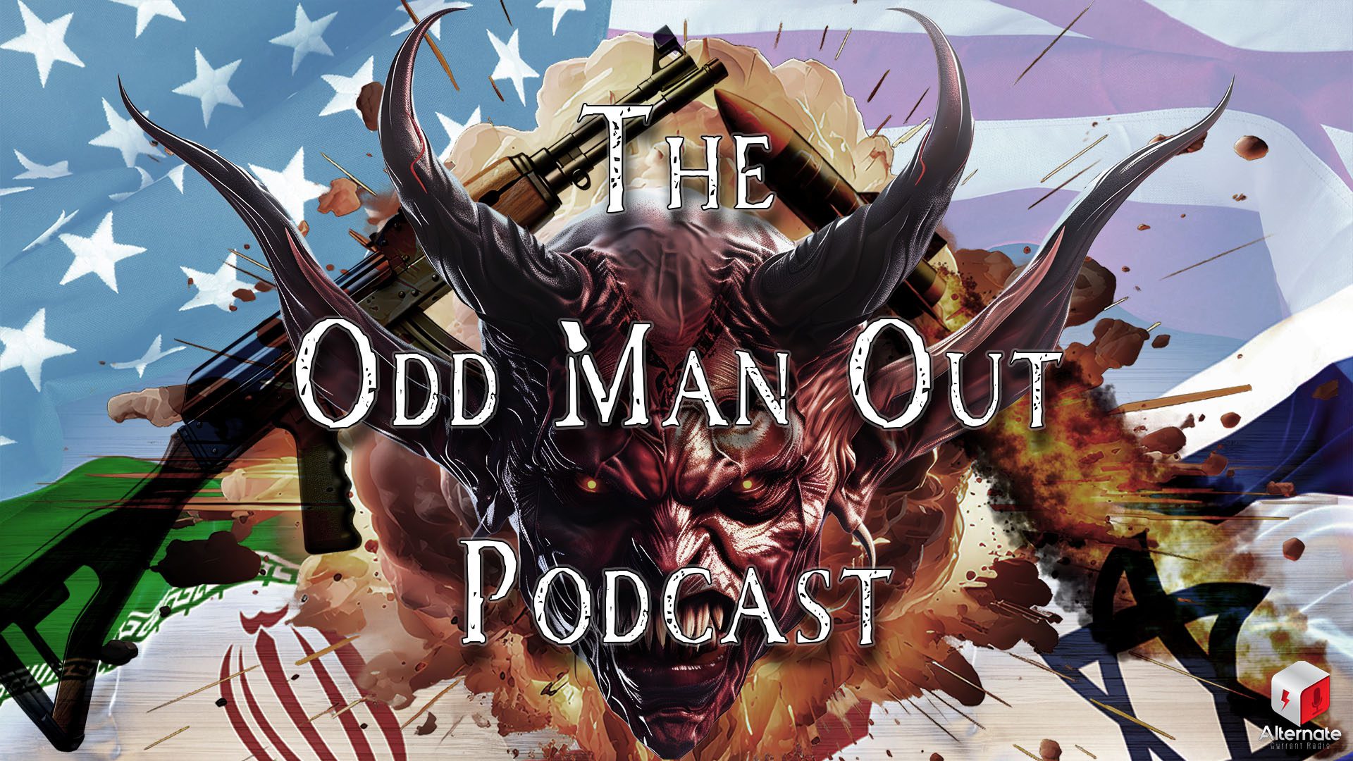 A demonic figure with glowing red eyes, sharp teeth, and large horns stands at the center of a chaotic composition. Surrounding it are explosions, bullets, and modern weapons including a rifle and missile. Behind the figure, stylized fragments of the U.S., Israeli, and Iranian flags form a fractured backdrop.