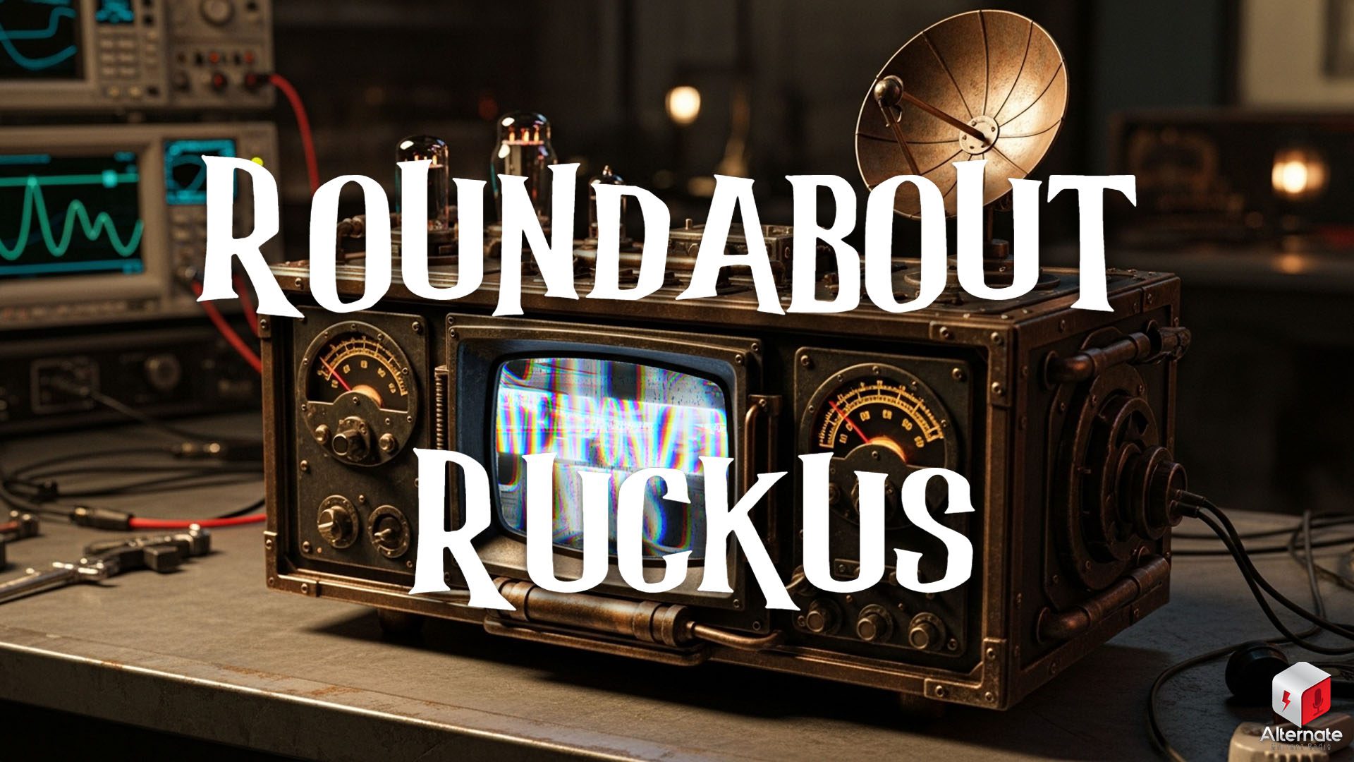 A retro‑futuristic communication console sits on a workbench, featuring a static‑filled CRT screen surrounded by analog dials, gauges, switches, and copper piping. Vacuum tubes and a small satellite dish rest on top of the device. Behind it, oscilloscopes and lab equipment glow softly.