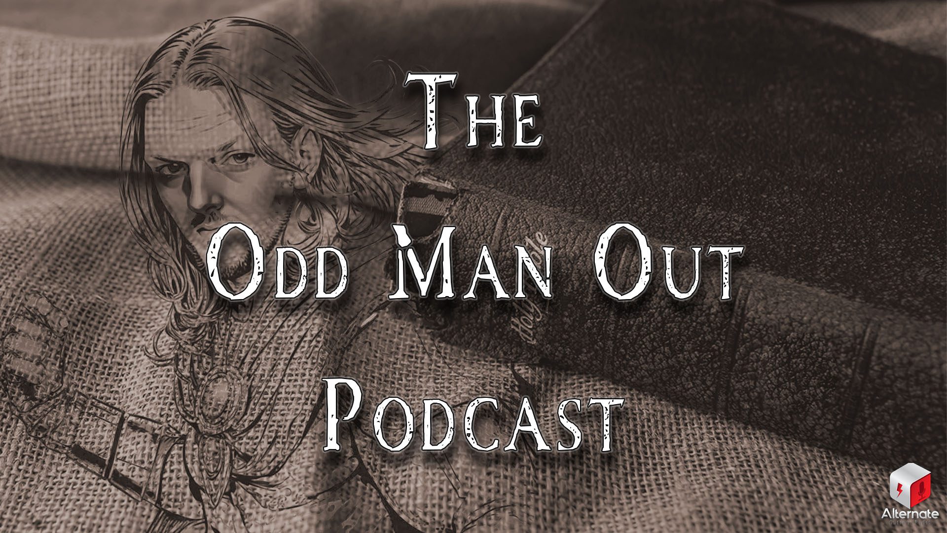 A worn black leather Bible rests on a textured fabric surface depicting a long-haired, solemn figure in medieval-style robes.