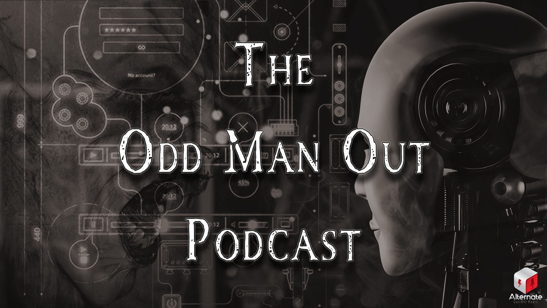 A split composition showing a humanoid robot head with exposed mechanical components facing a partially visible demonic looking face. Overlaid across the image are digital interface elements such as login fields, progress bars, circuit diagrams, and playback icons.