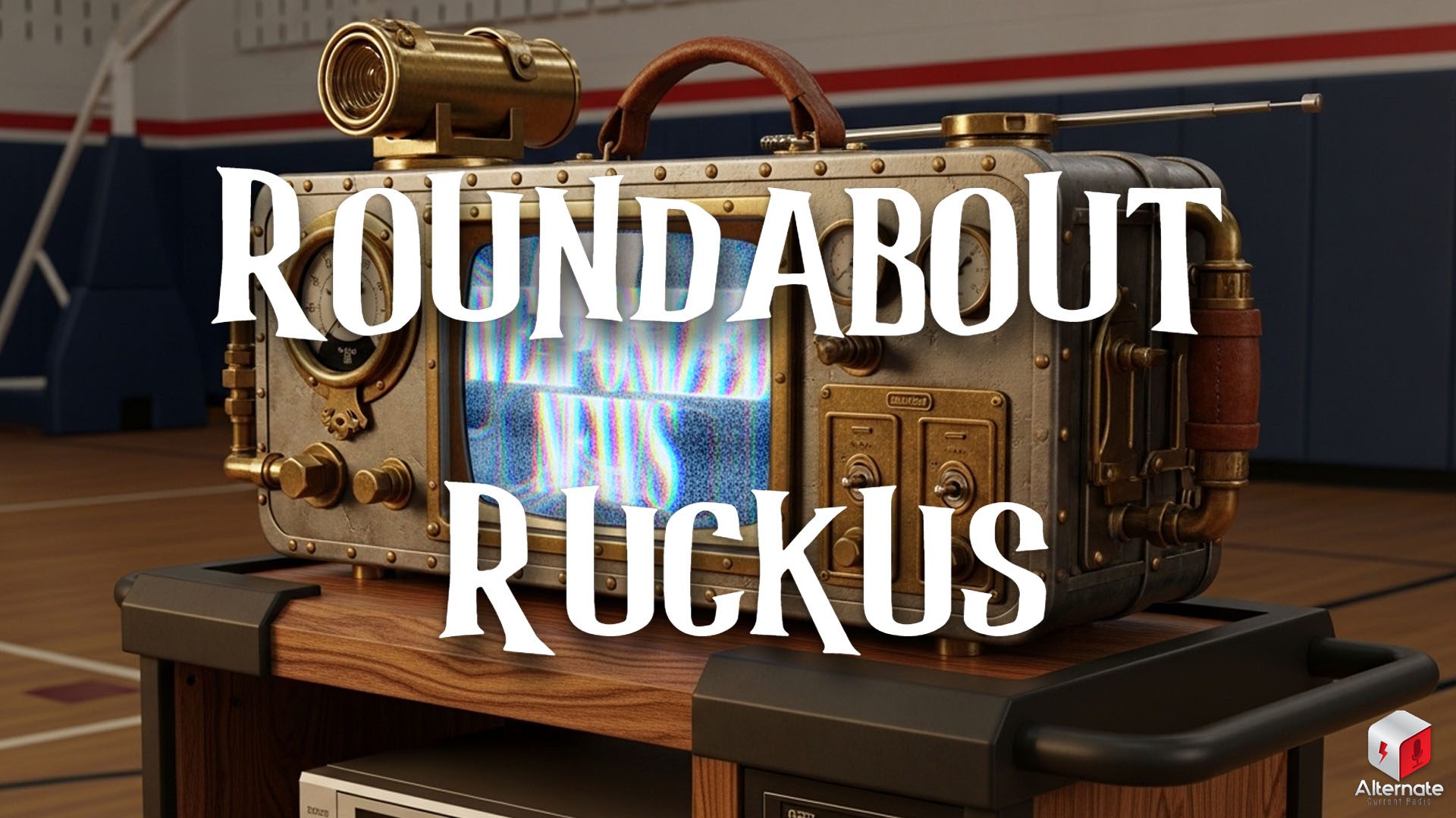 A retro-futuristic television set with brass fittings, gauges, and pipes sits on a media cart in a gymnasium. The screen displays distorted text reading “WEAPONIZED NEWS.” A basketball hoop and court lines are visible in the background.