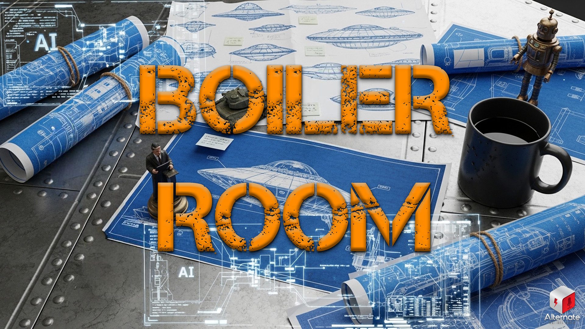 X-Files-esque looking research desk with Boiler Room logo