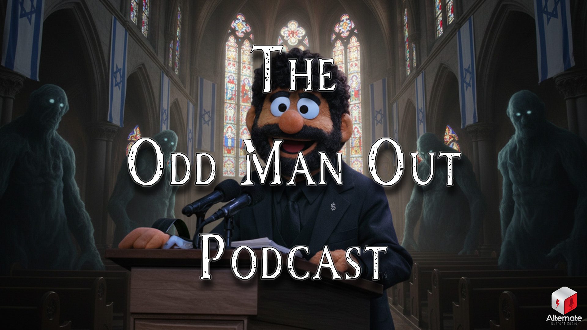 A bearded, curly-haired puppet, wearing a black suit with a dollar‑sign pin, stands at a podium covered in microphones inside a grand cathedral-like hall decorated with Israeli flags hanging from the arches. In the pews sit several tall, shadowy humanoid figures with glowing eyes.