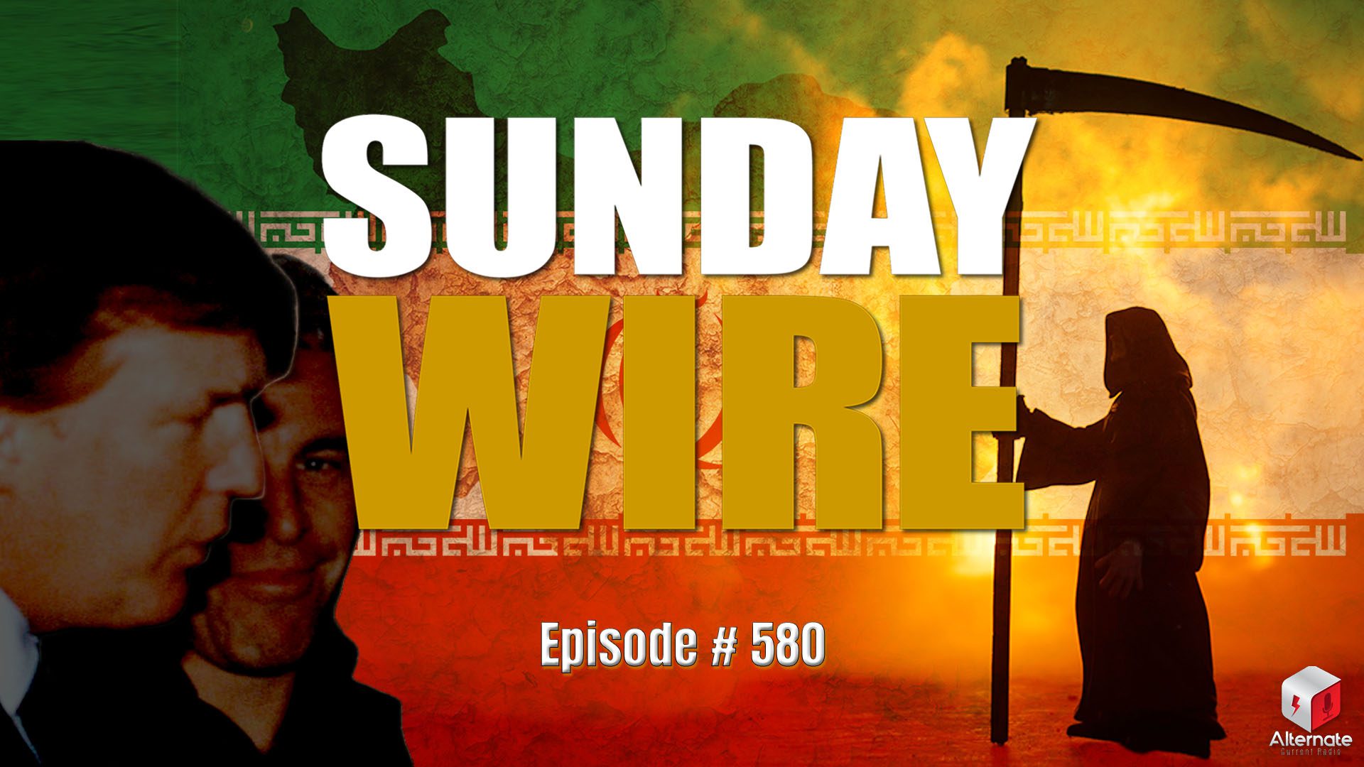 A composite image showing profiles of Donald Trump and Jeffrey Epstein close together on the left. Behind them is a stylized backdrop incorporating the Iranian flag. On the right side, a hooded Grim Reaper figure holding a large scythe stands before flames and smoke.