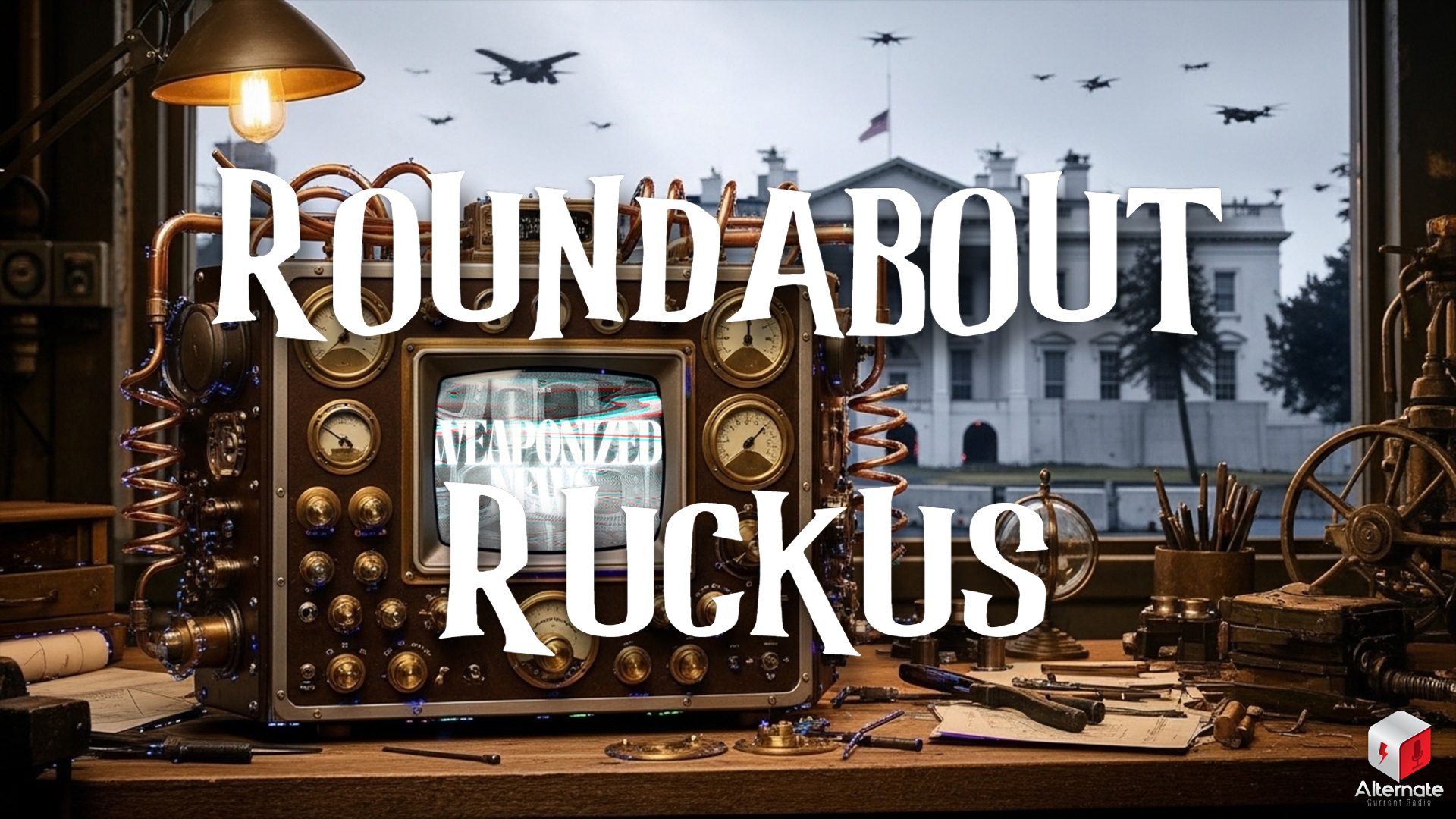 A cluttered wooden desk holds a brass‑and‑copper steampunk control machine with dials, gauges, tubing, and a small CRT screen showing static. A vintage desk lamp casts warm light over scattered tools, papers, and mechanical parts. Through the window behind the desk, the White House is visible, with military and surveillance drones flying overhead.