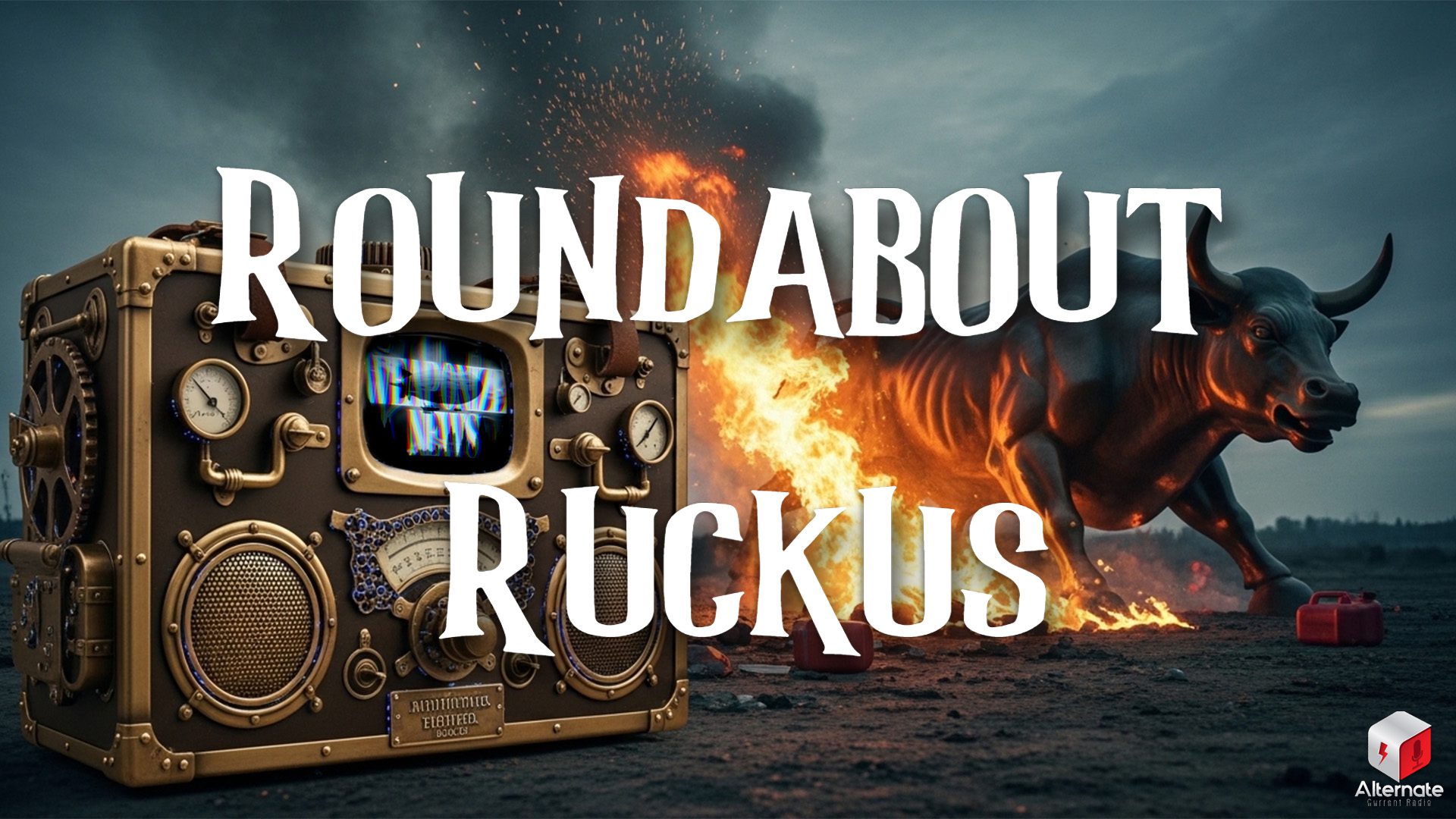 A steampunk-style control box with brass dials, gauges, and a small display screen rests on the ground next to a large metallic bull sculpture that is engulfed in flames.