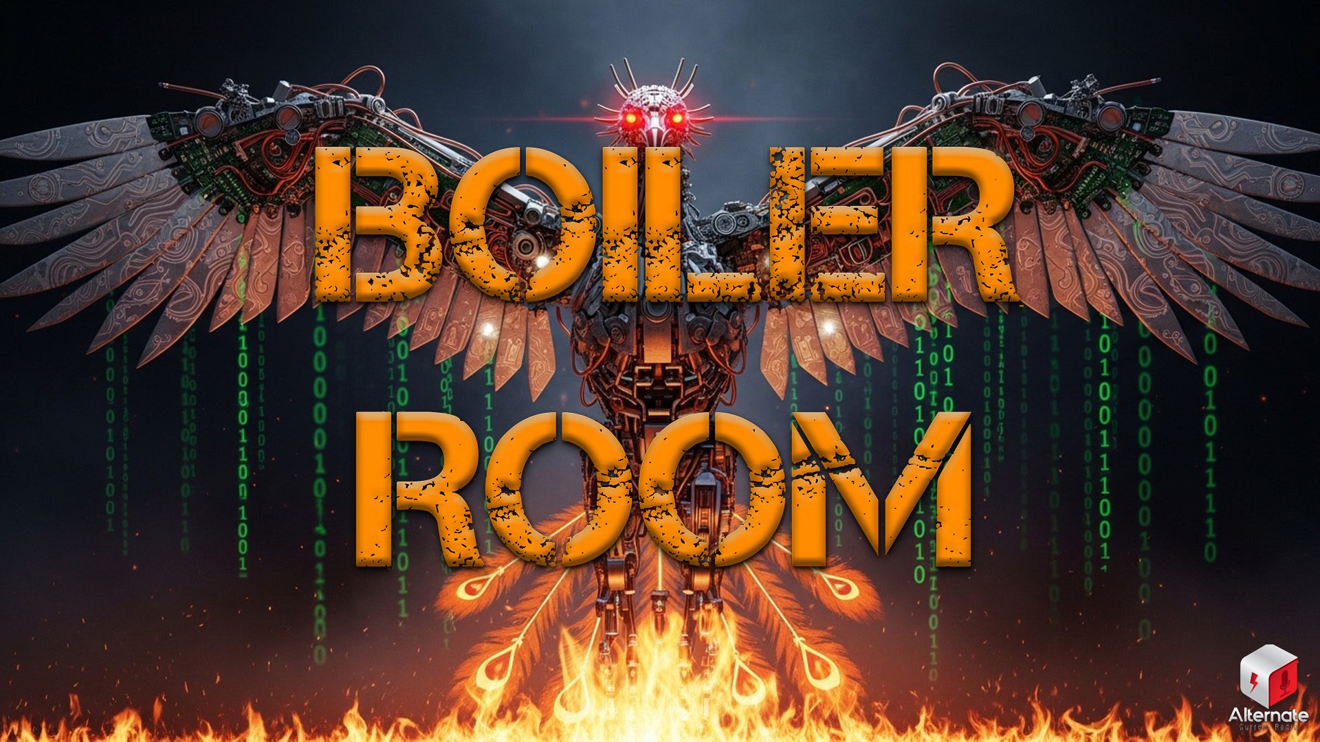 Technocratic Phoenix rising in flams and matrix code with red eyes. Boiler Room logo on top