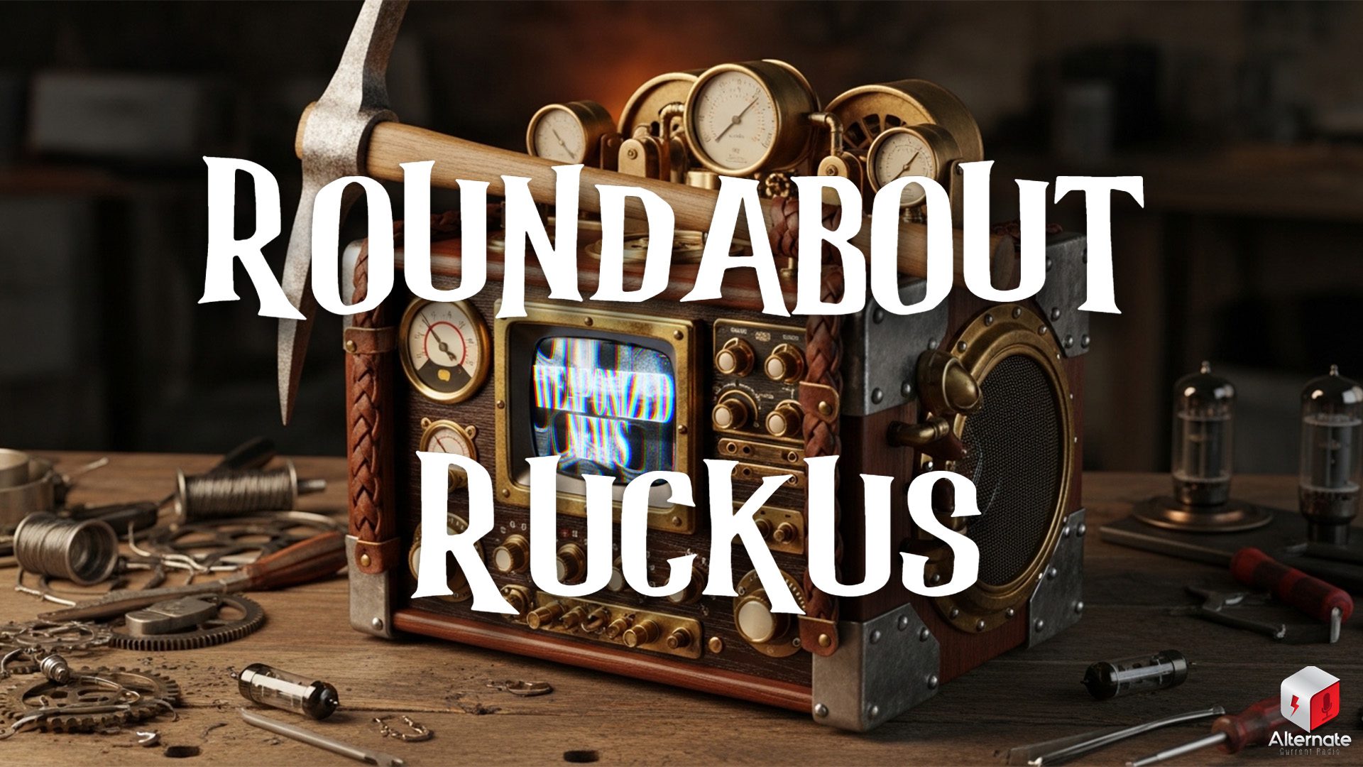 A steampunk-style broadcast device sits on a cluttered wooden workbench, surrounded by gears, vacuum tubes, wire spools, and tools. The machine features a static-filled CRT screen, brass dials, pressure gauges, and a large speaker grill. A pickaxe rests atop the device.